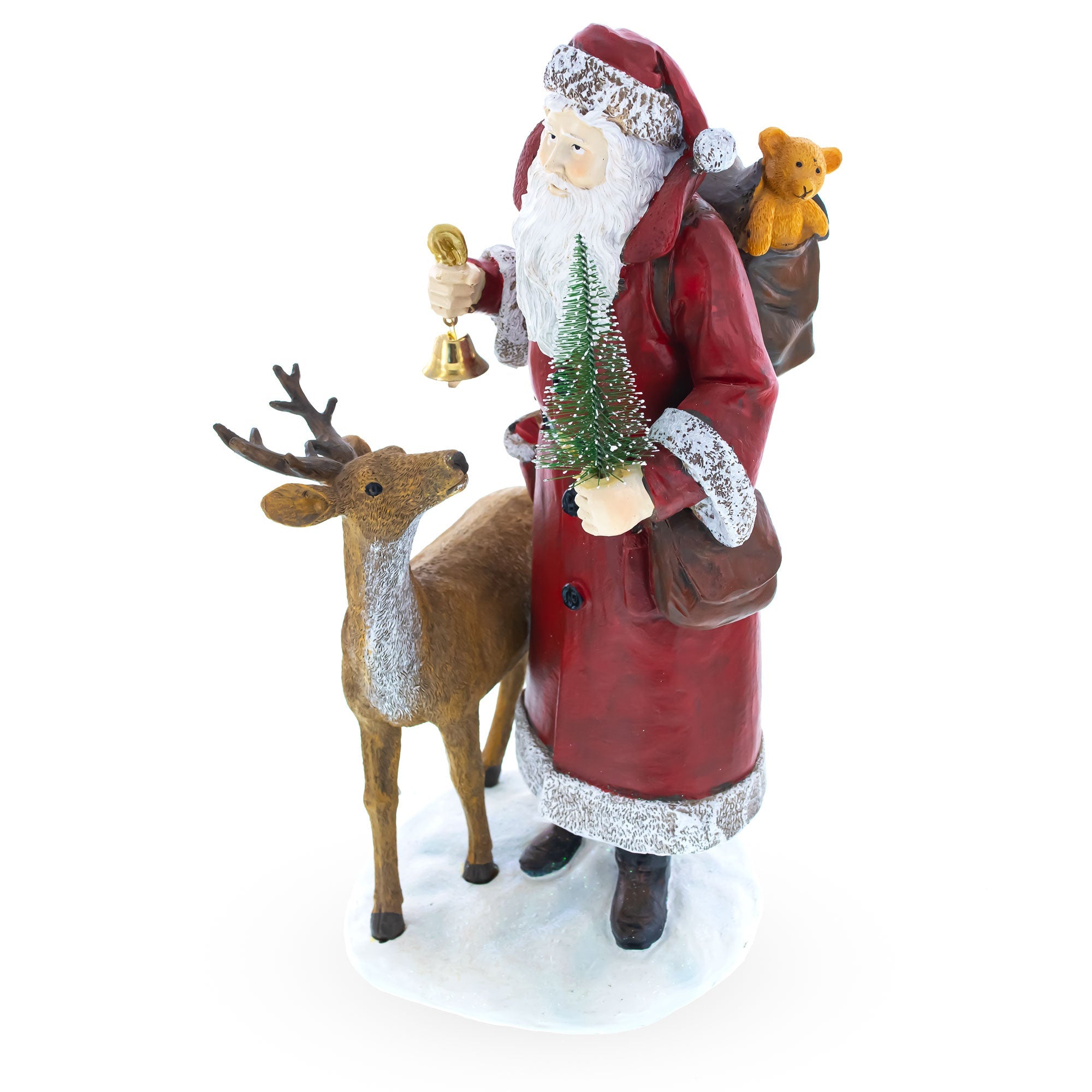 Santa Holding Christmas Tree And Bell By Reindeer Figurine 12 Inches