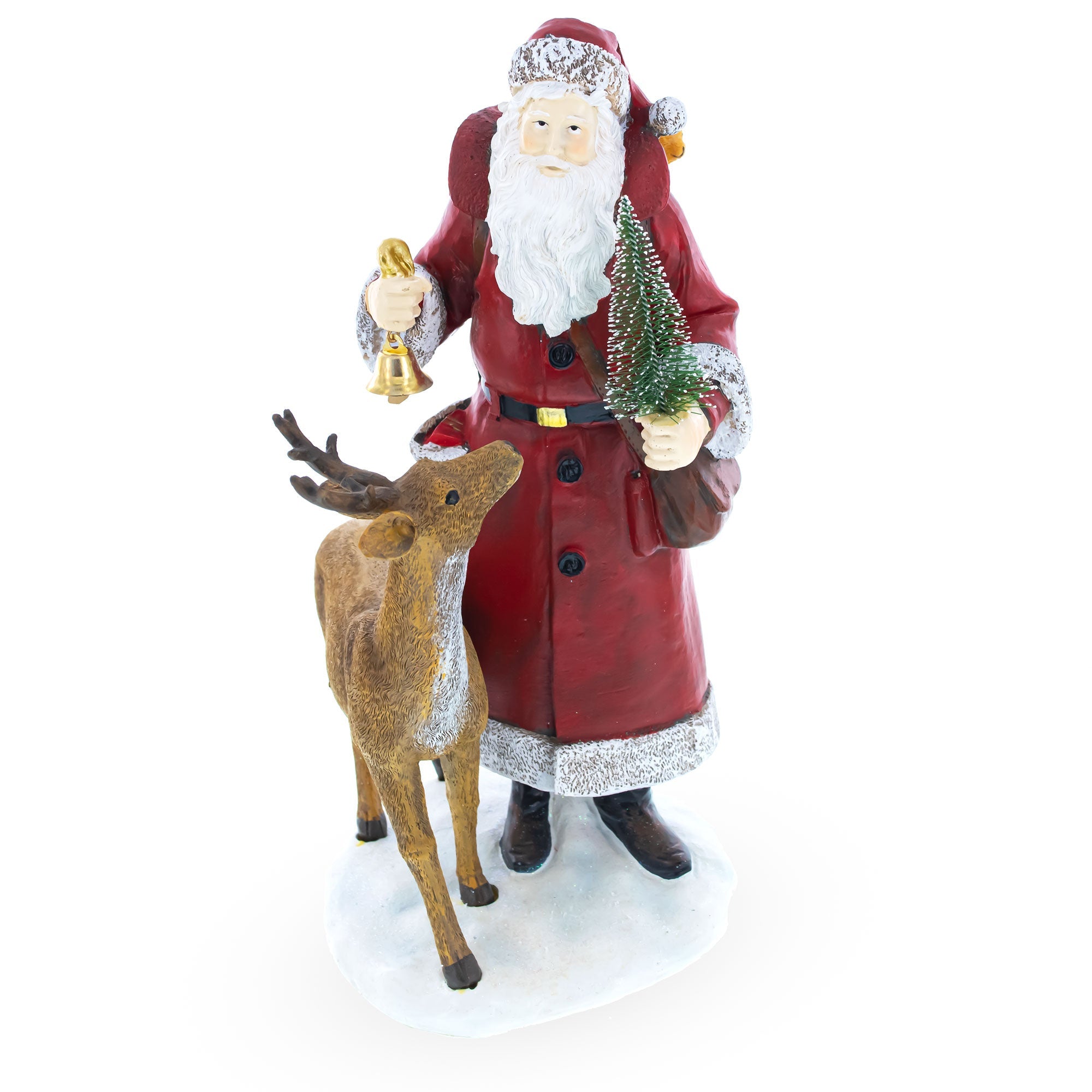 Santa Holding Christmas Tree And Bell By Reindeer Figurine 12 Inches