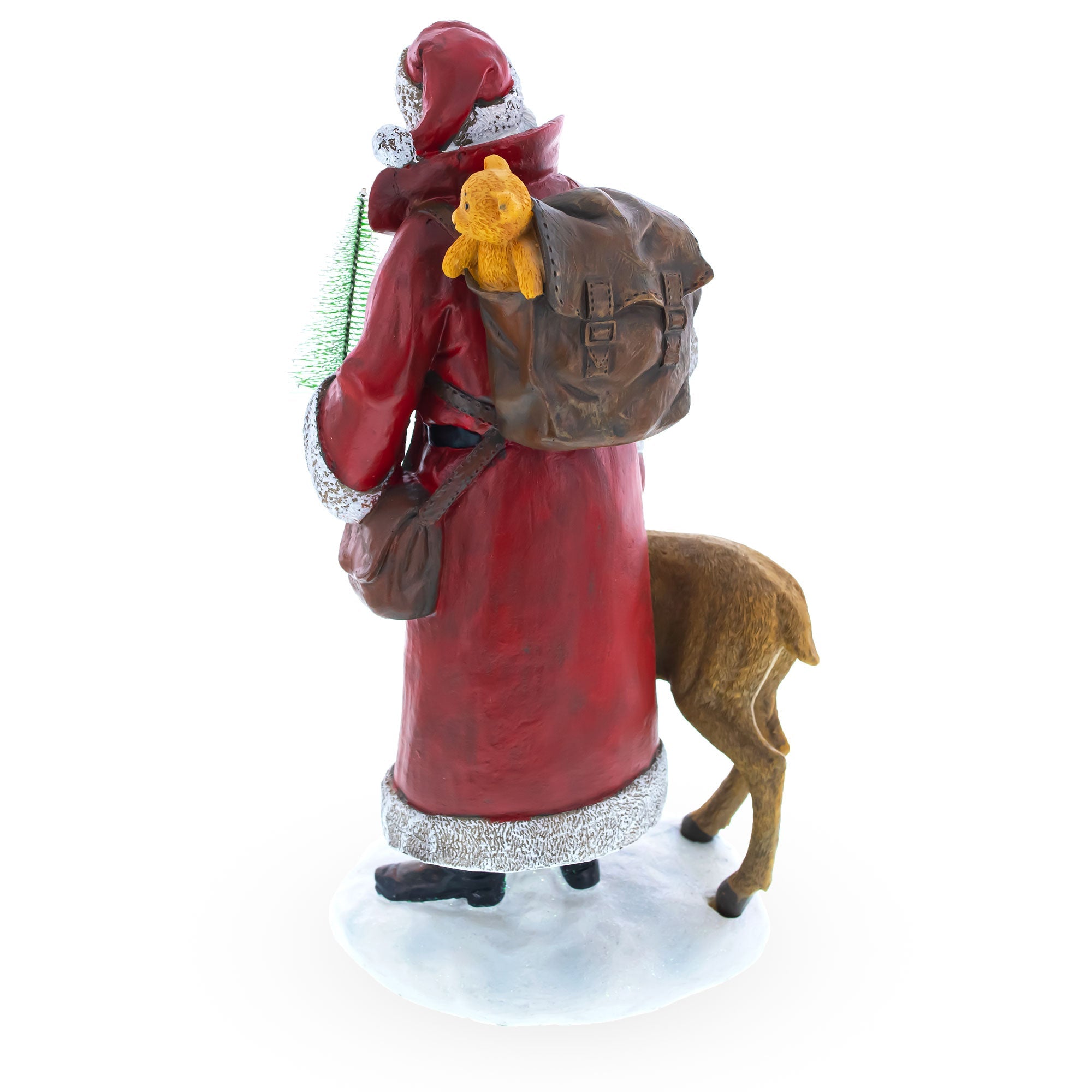 Santa Holding Christmas Tree And Bell By Reindeer Figurine 12 Inches