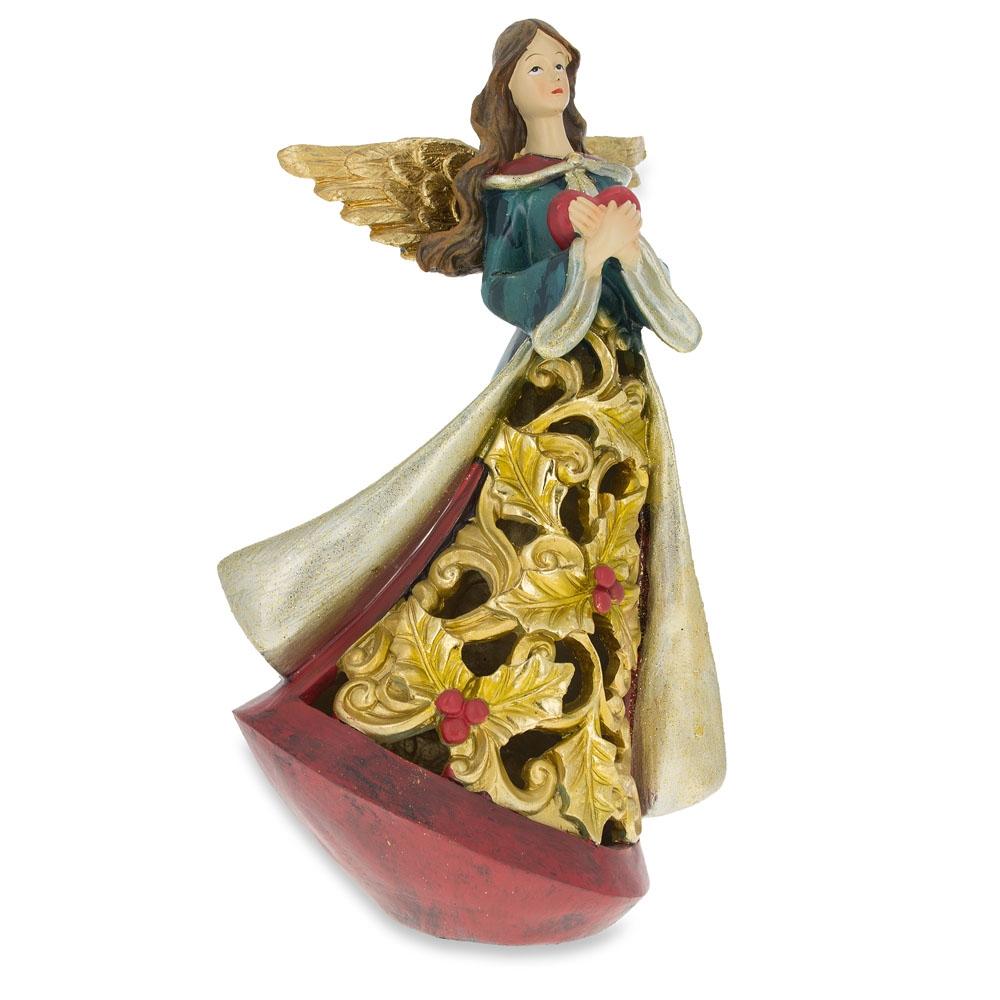 Guardian Angel Holding A Red Heart Led Lights Figurine 11.5 Inches