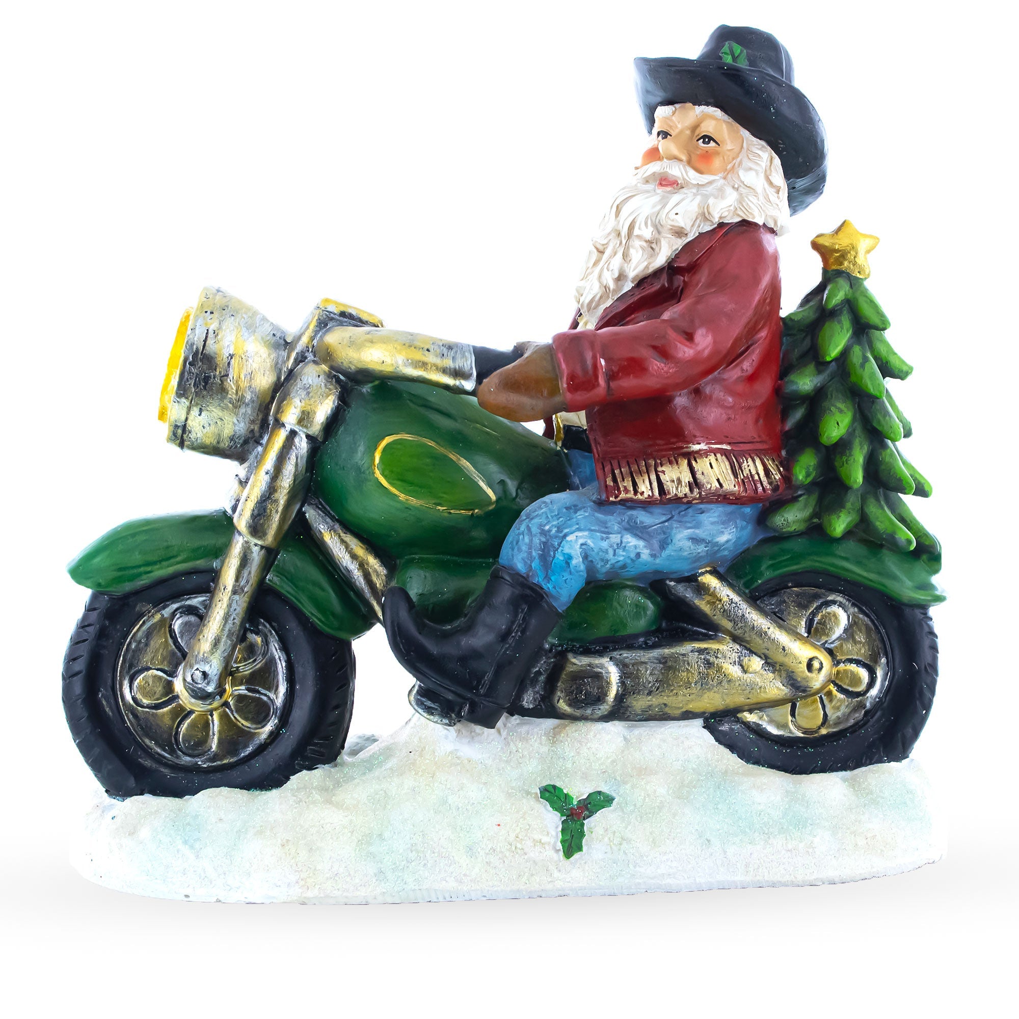 Santa The Cowboy Riding Motorcycle Led Light Figurine 8.5 Inches