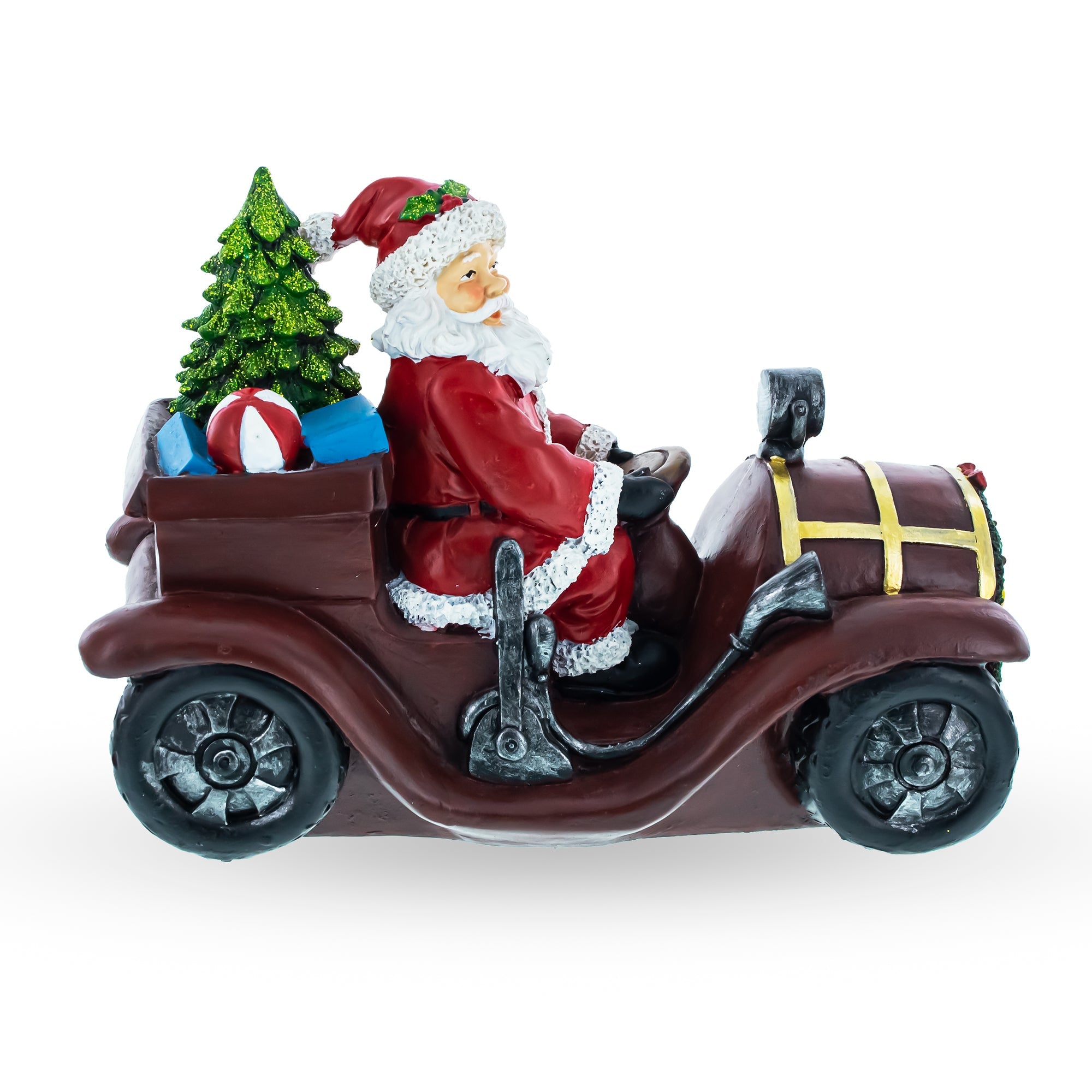 Santa Driving Classic Car With Led Lights Figurine 10.5 Inches Long