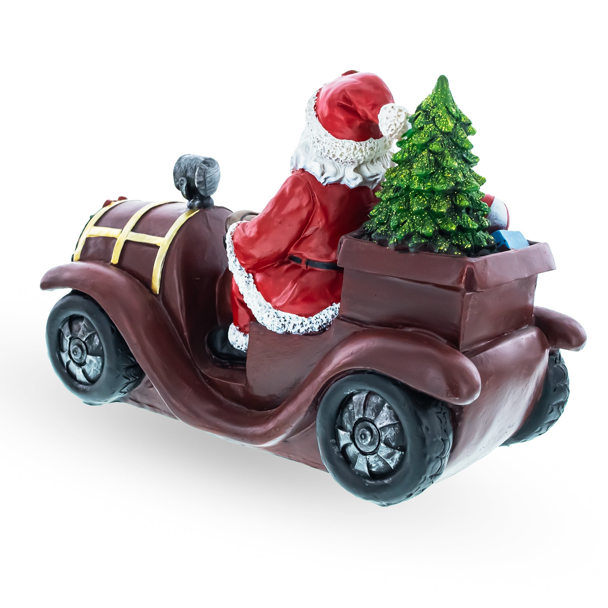 Santa Driving Classic Car With Led Lights Figurine 10.5 Inches Long