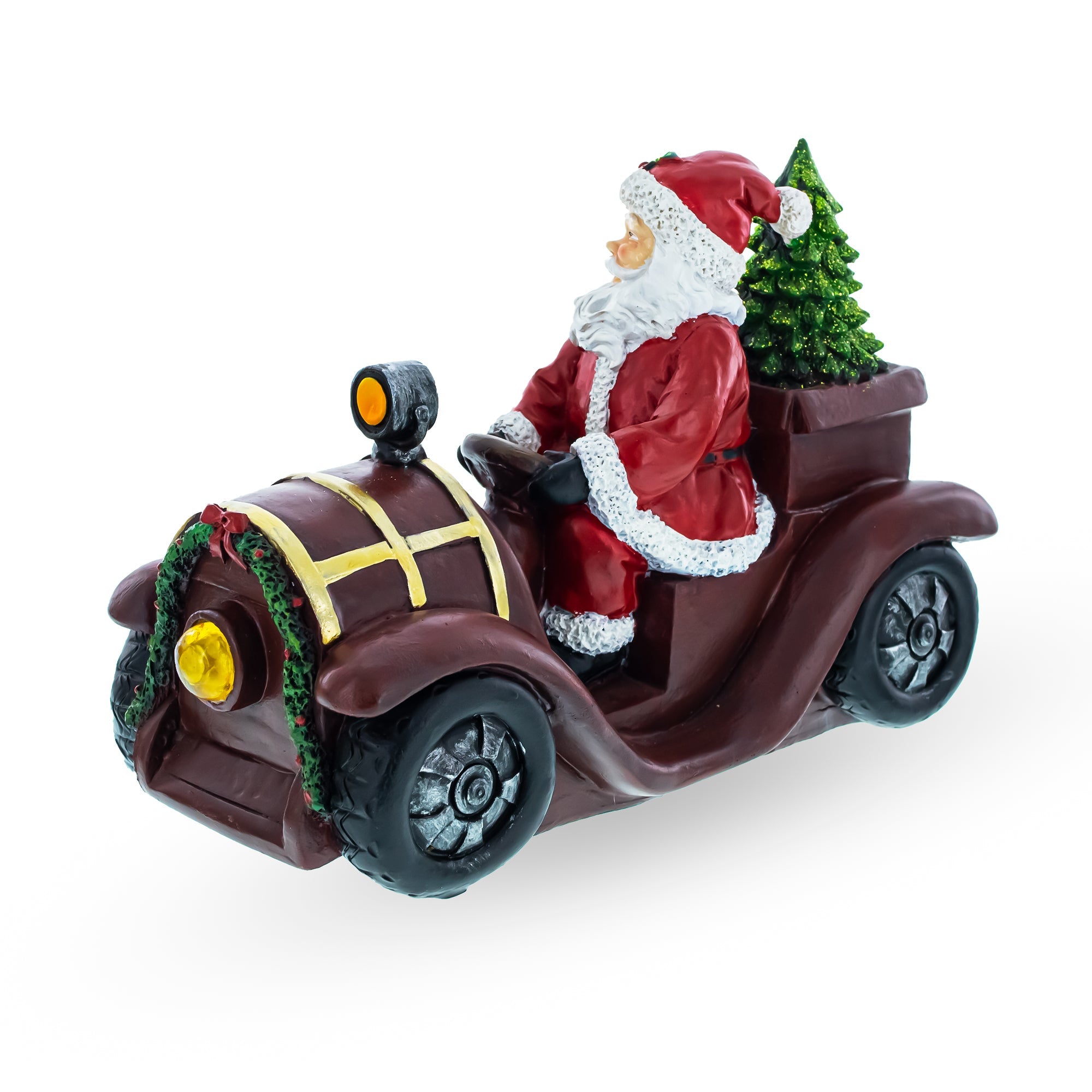 Santa Driving Classic Car With Led Lights Figurine 10.5 Inches Long