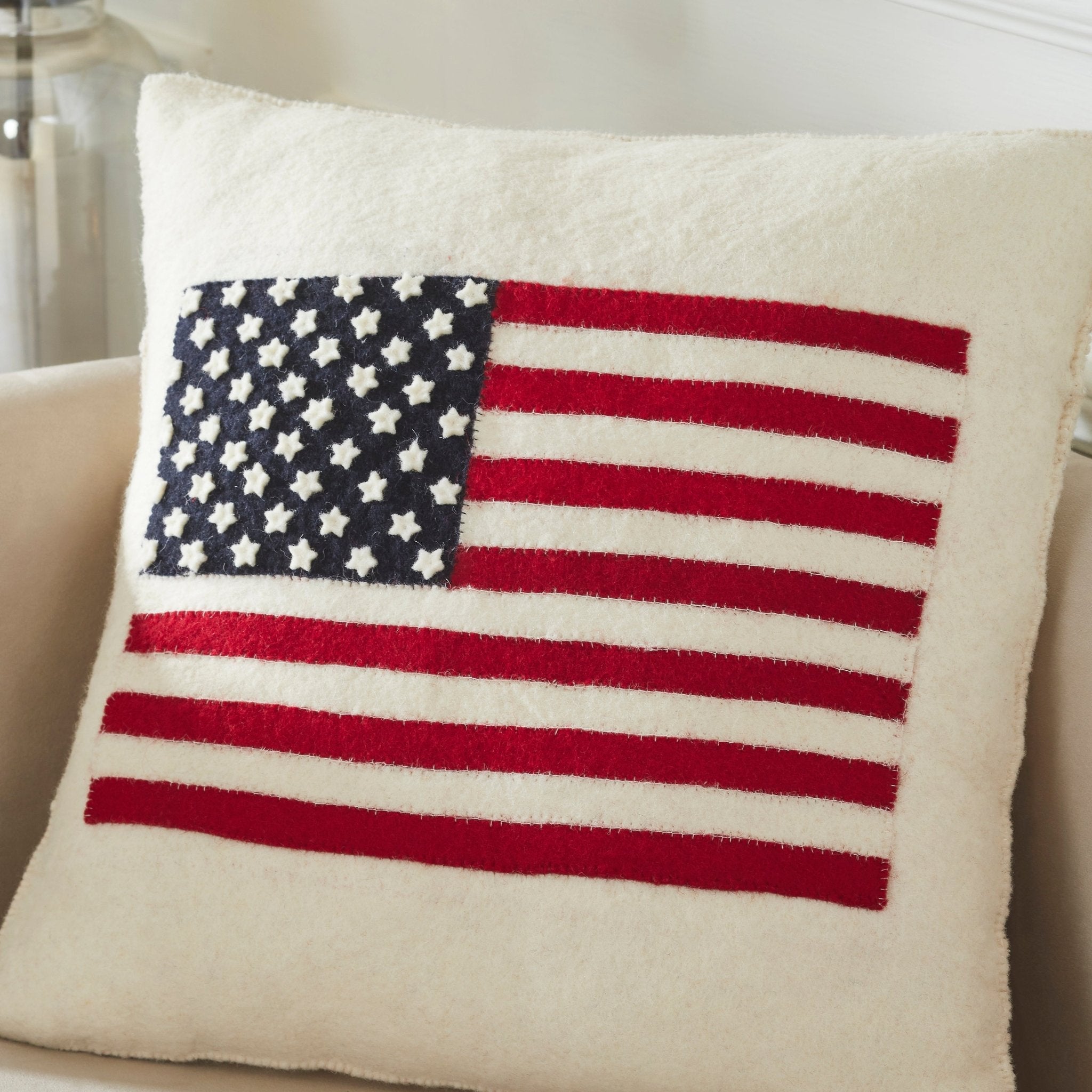 American Flag Hand Felted Wool Pillow - Cream 20"