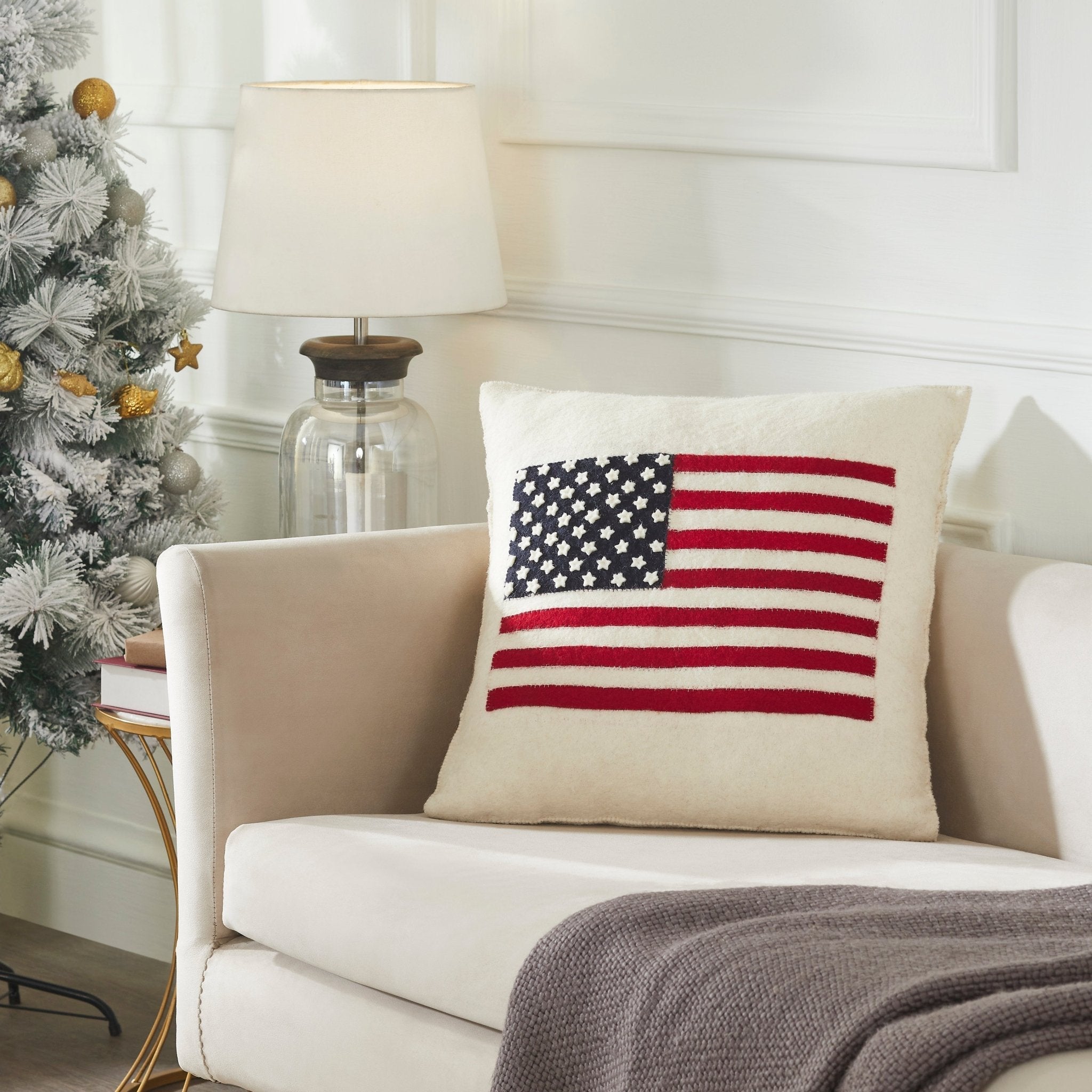 American Flag Hand Felted Wool Pillow - Cream 20"