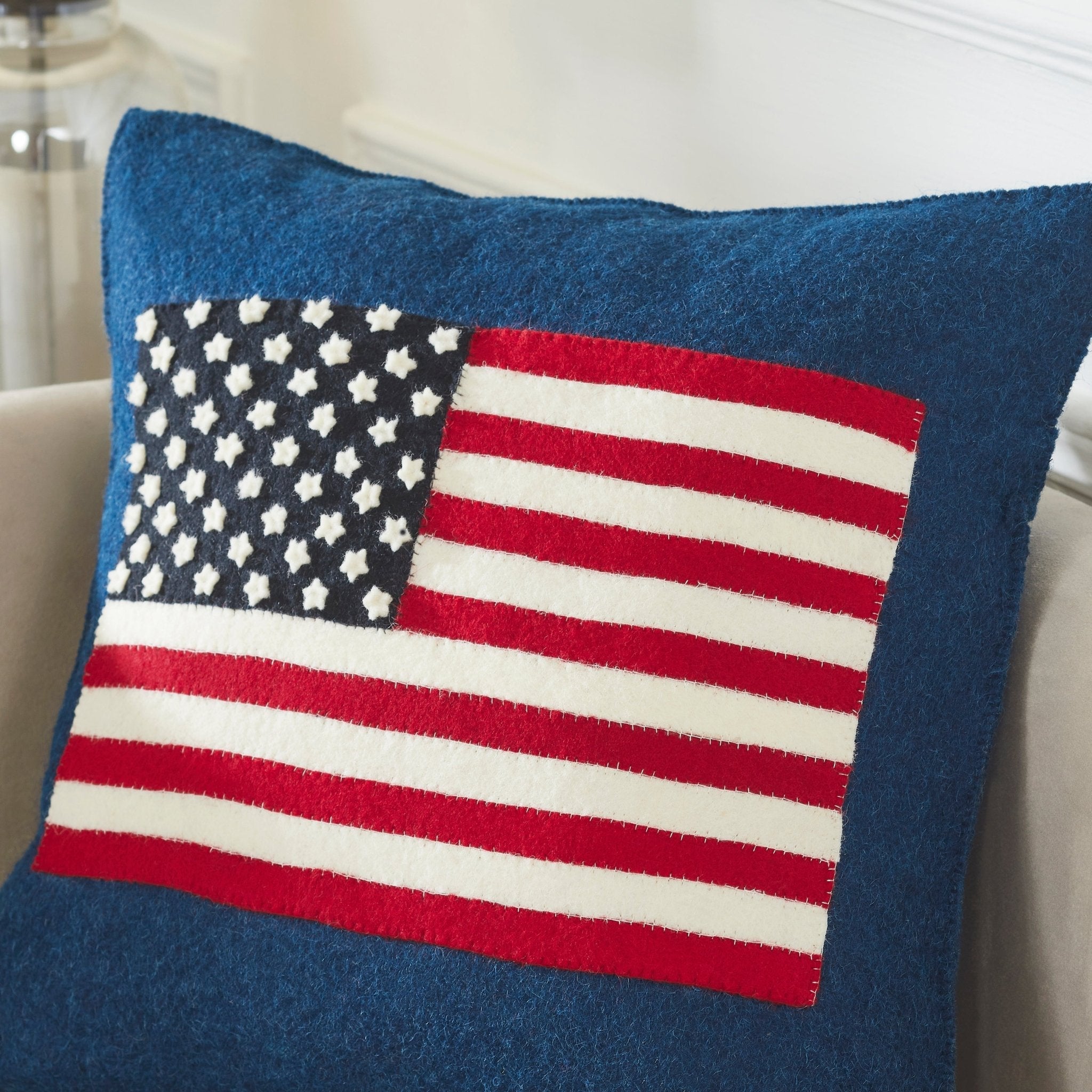 American Flag Hand Felted Wool Pillow - Navy Blue -20"