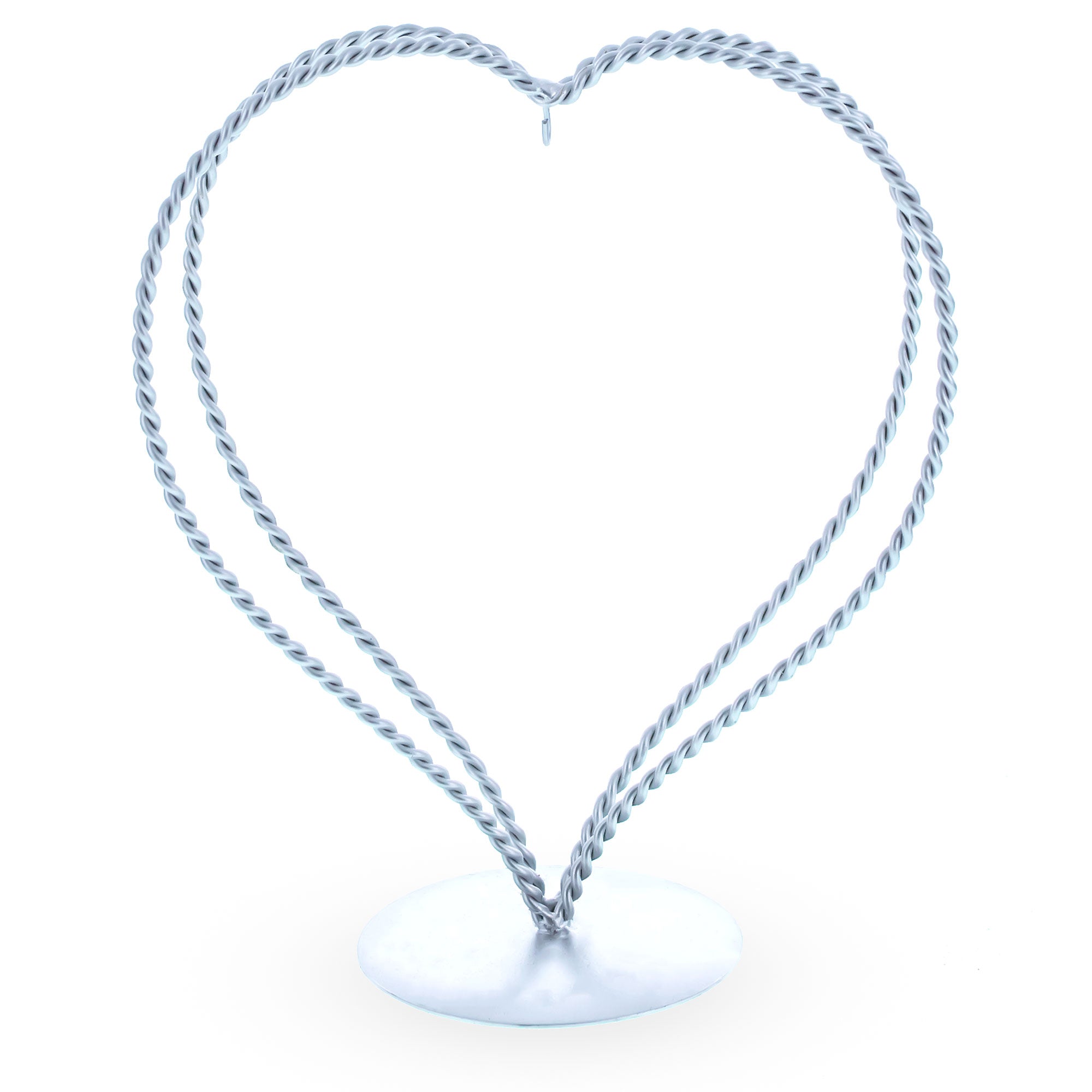 Double Swirled Heart Silver Metal Solid Round Base Ornament Display Stand 7.25 Inches