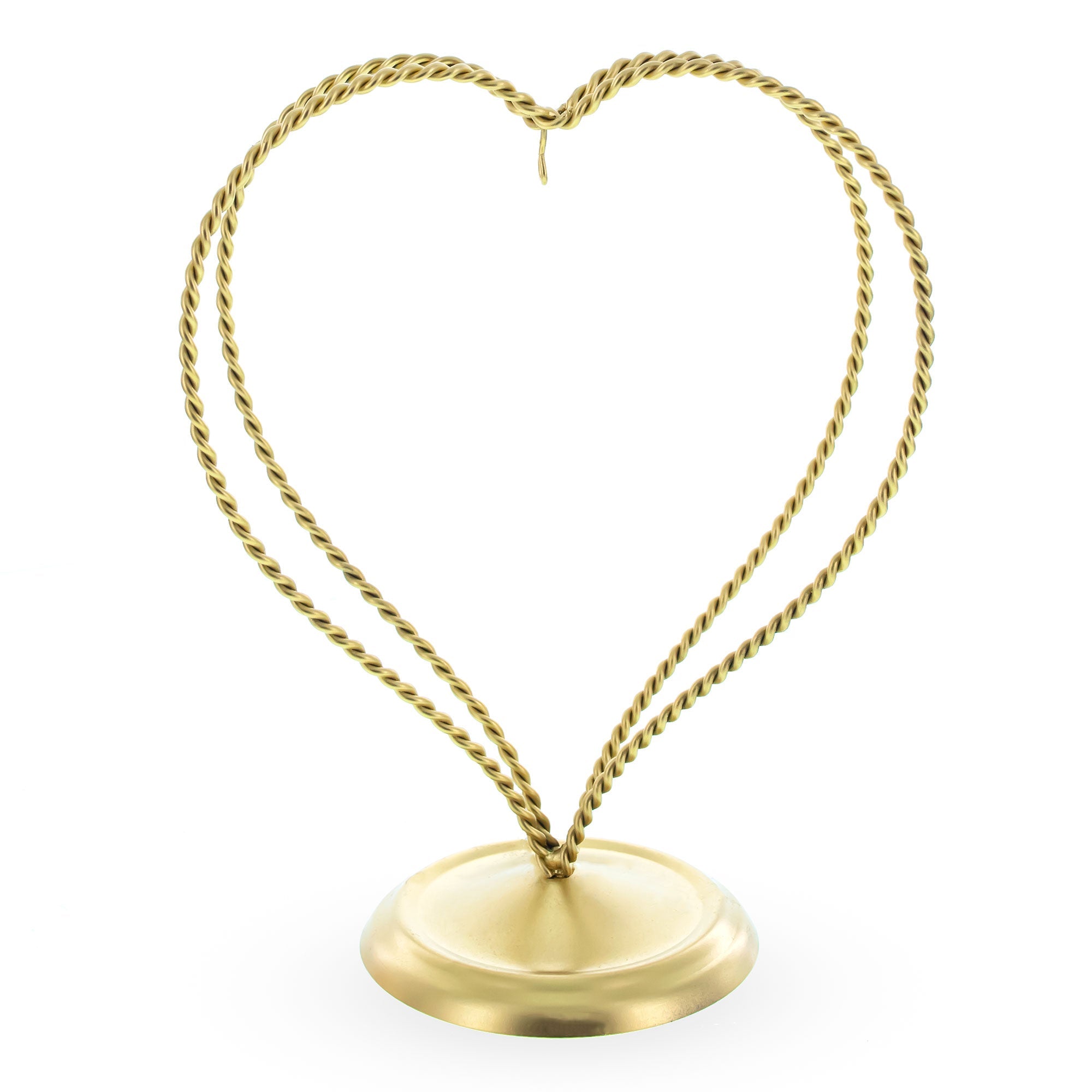 Double Swirled Heart Gold Metal Solid Round Base Ornament Display Stand 7.25 Inches