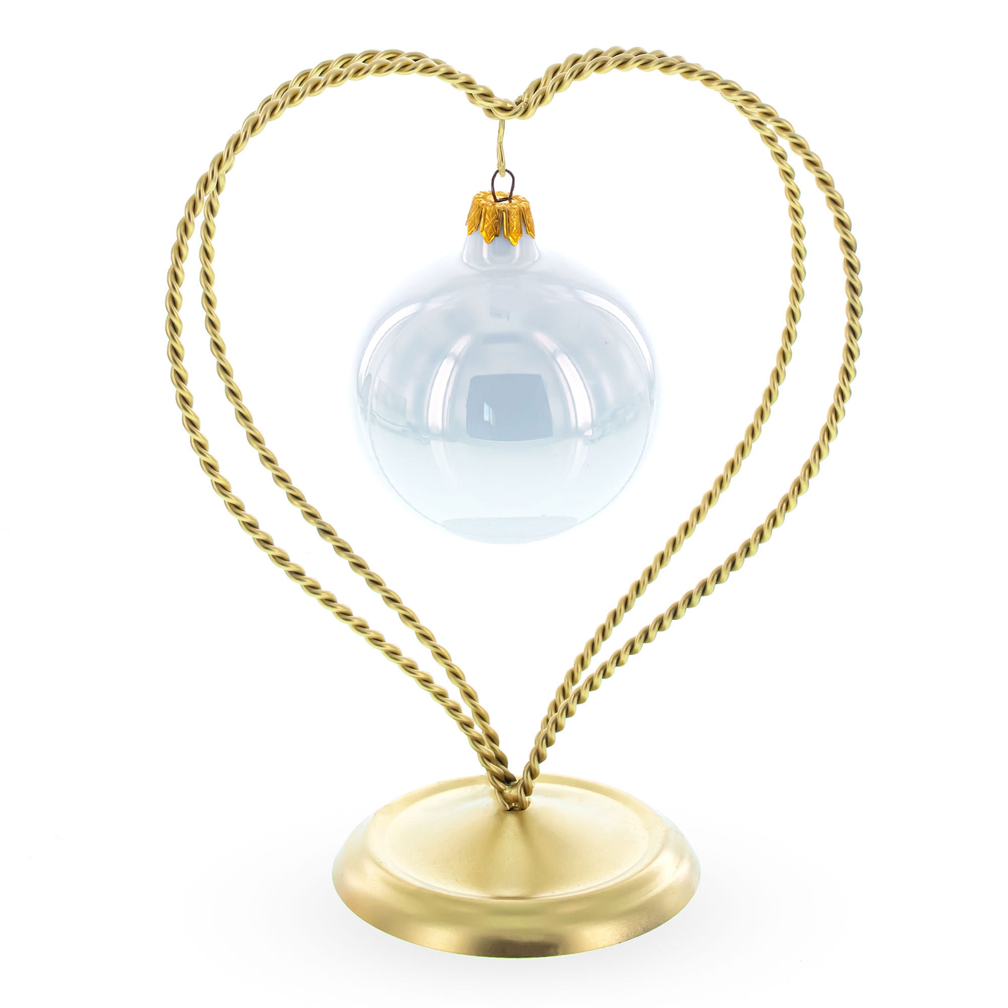 Double Swirled Heart Gold Metal Solid Round Base Ornament Display Stand 7.25 Inches