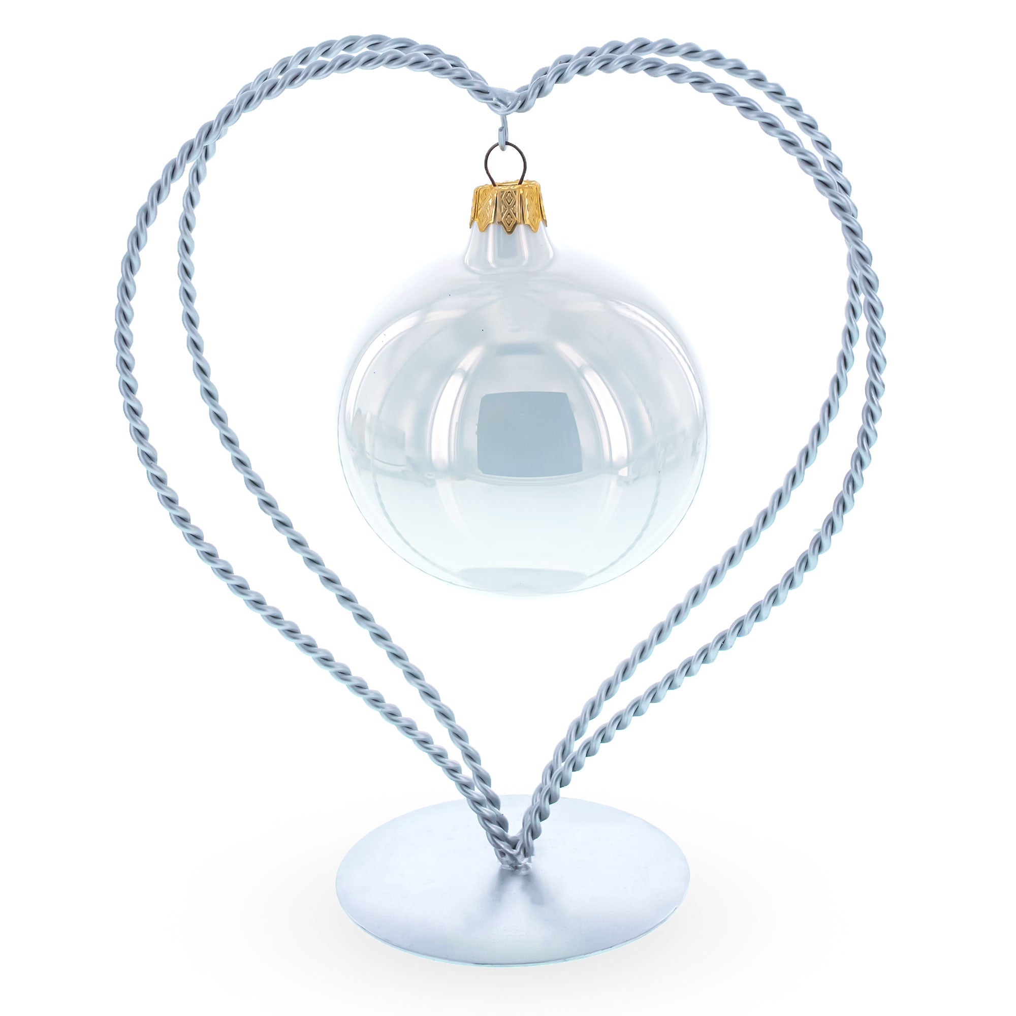 Double Swirled Heart Silver Metal Solid Round Base Ornament Display Stand 7.25 Inches