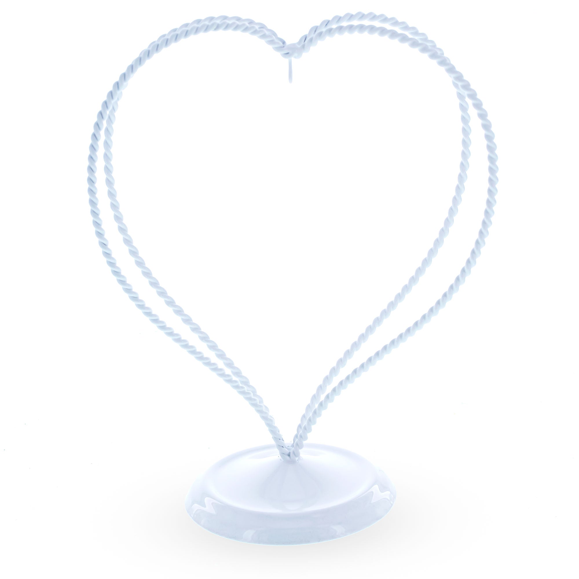 Double Swirled Heart White Metal Solid Round Base Ornament Display Stand 7.25 Inches