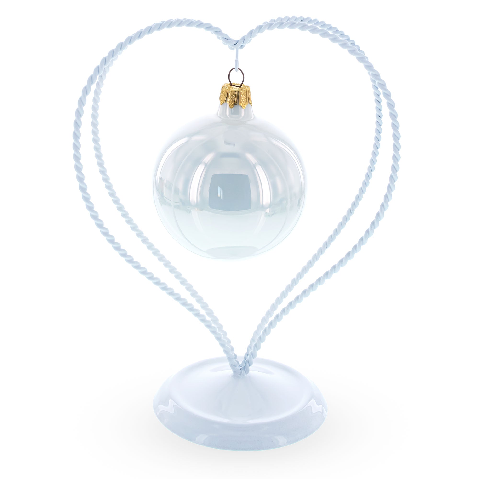 Double Swirled Heart White Metal Solid Round Base Ornament Display Stand 7.25 Inches