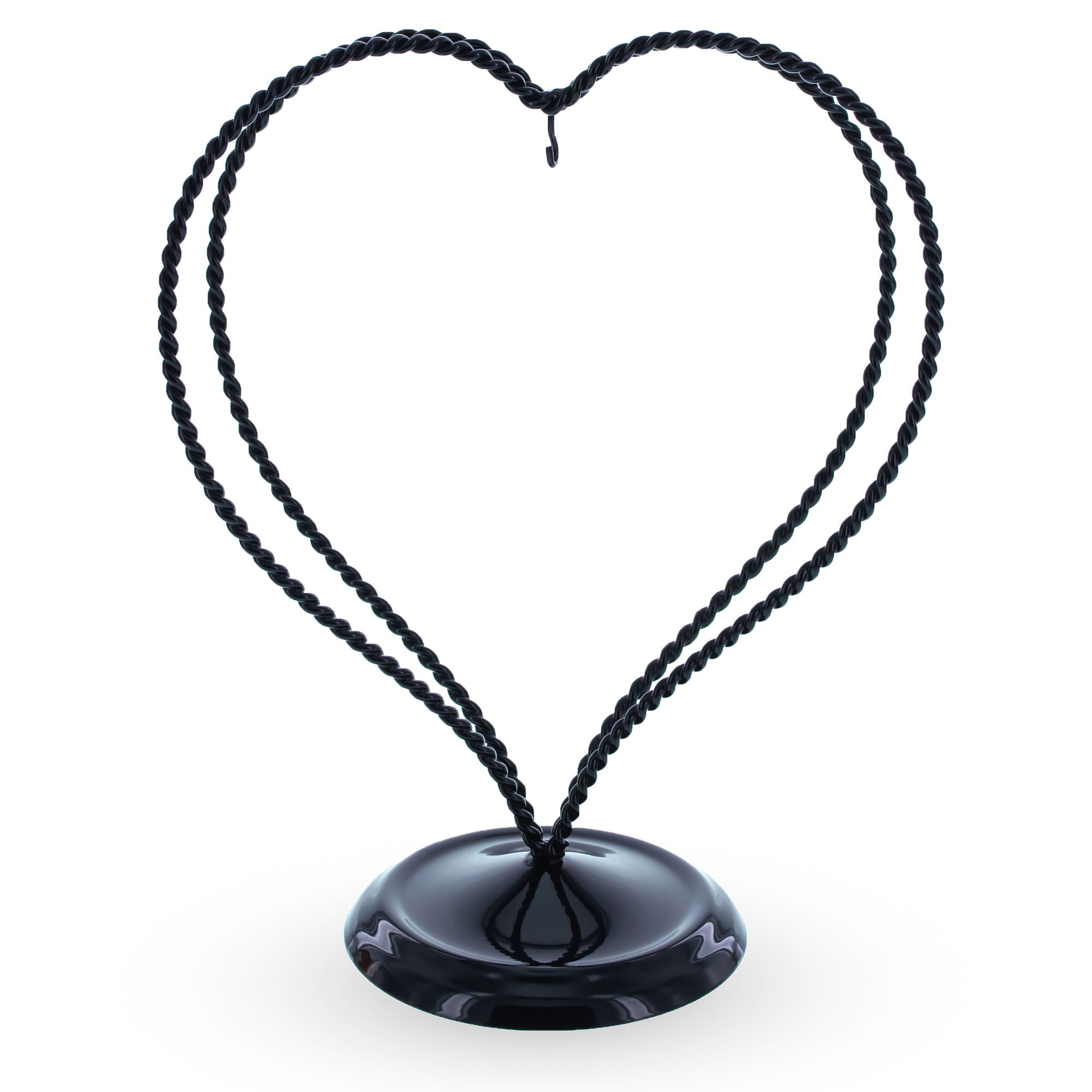 Double Swirled Heart Black Metal Solid Round Base Ornament Display Stand 7.25 Inches