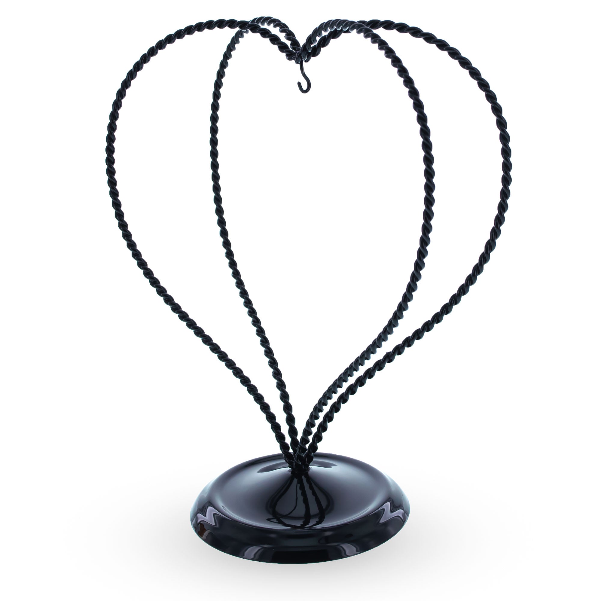 Double Swirled Heart Black Metal Solid Round Base Ornament Display Stand 7.25 Inches