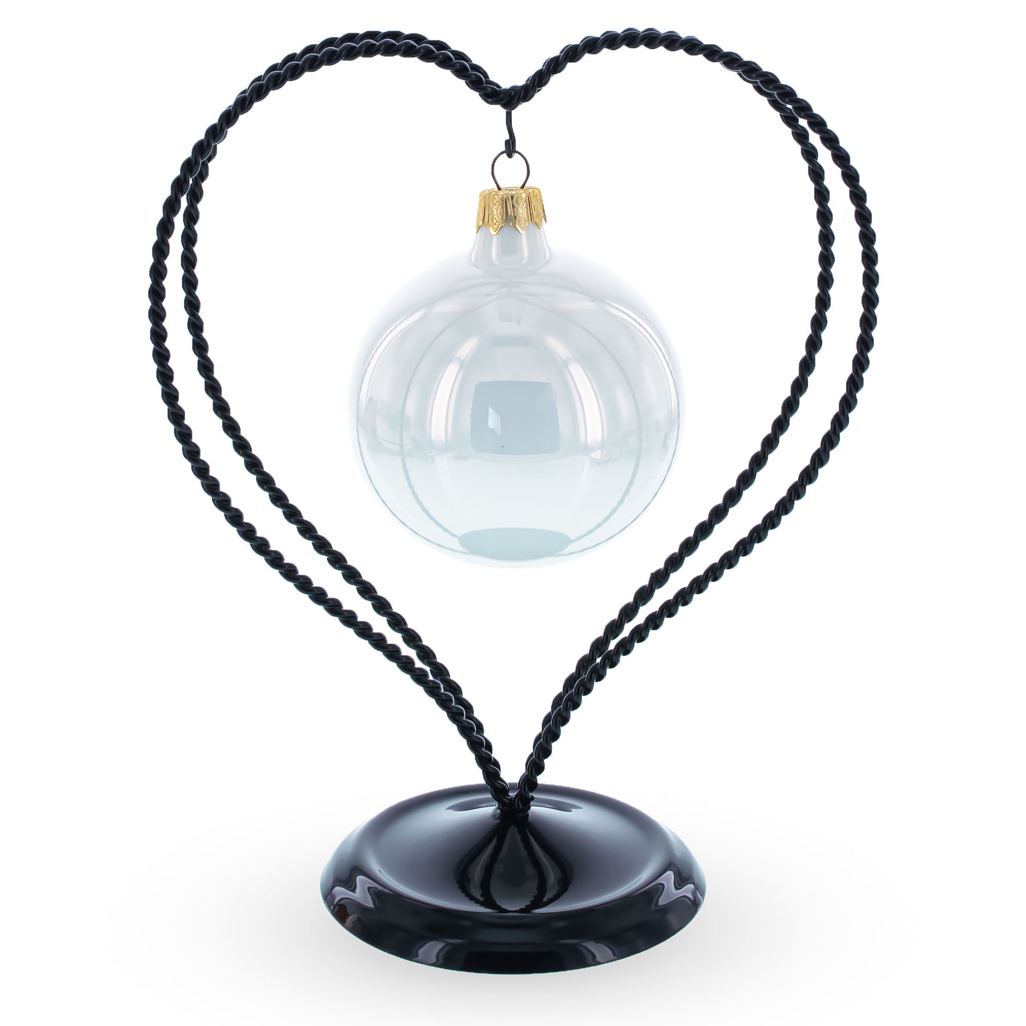 Double Swirled Heart Black Metal Solid Round Base Ornament Display Stand 7.25 Inches