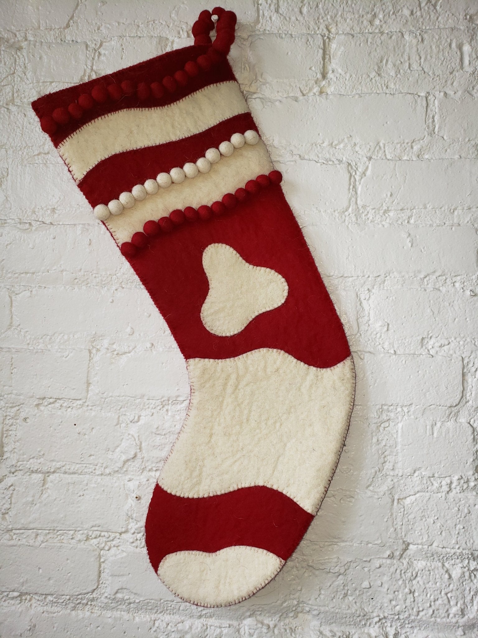 Amoeba Christmas Stocking Hand Felted Wool-red/cream