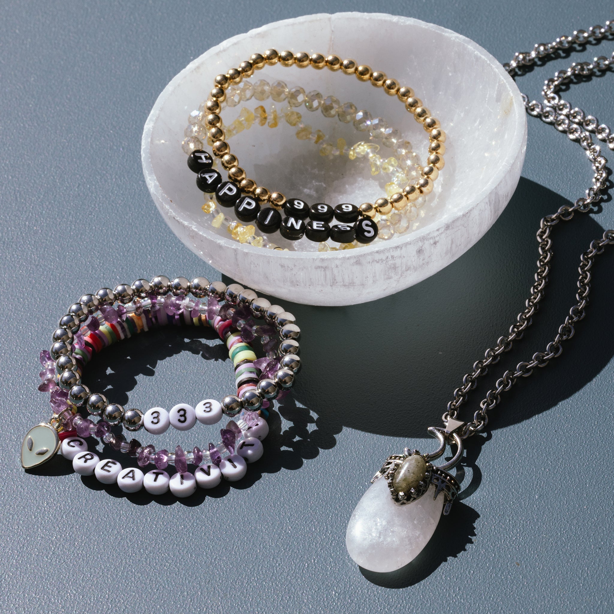 Moon Bezel Semiprecious Quartz Pendant On 28" Necklace Chain