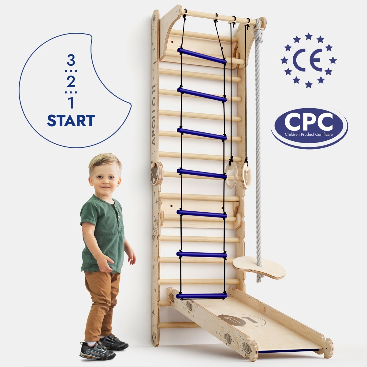 Apollo Swedish Wall / Climbing Ladder For Little Austronauts + Moon Swing Set + Slide Board
