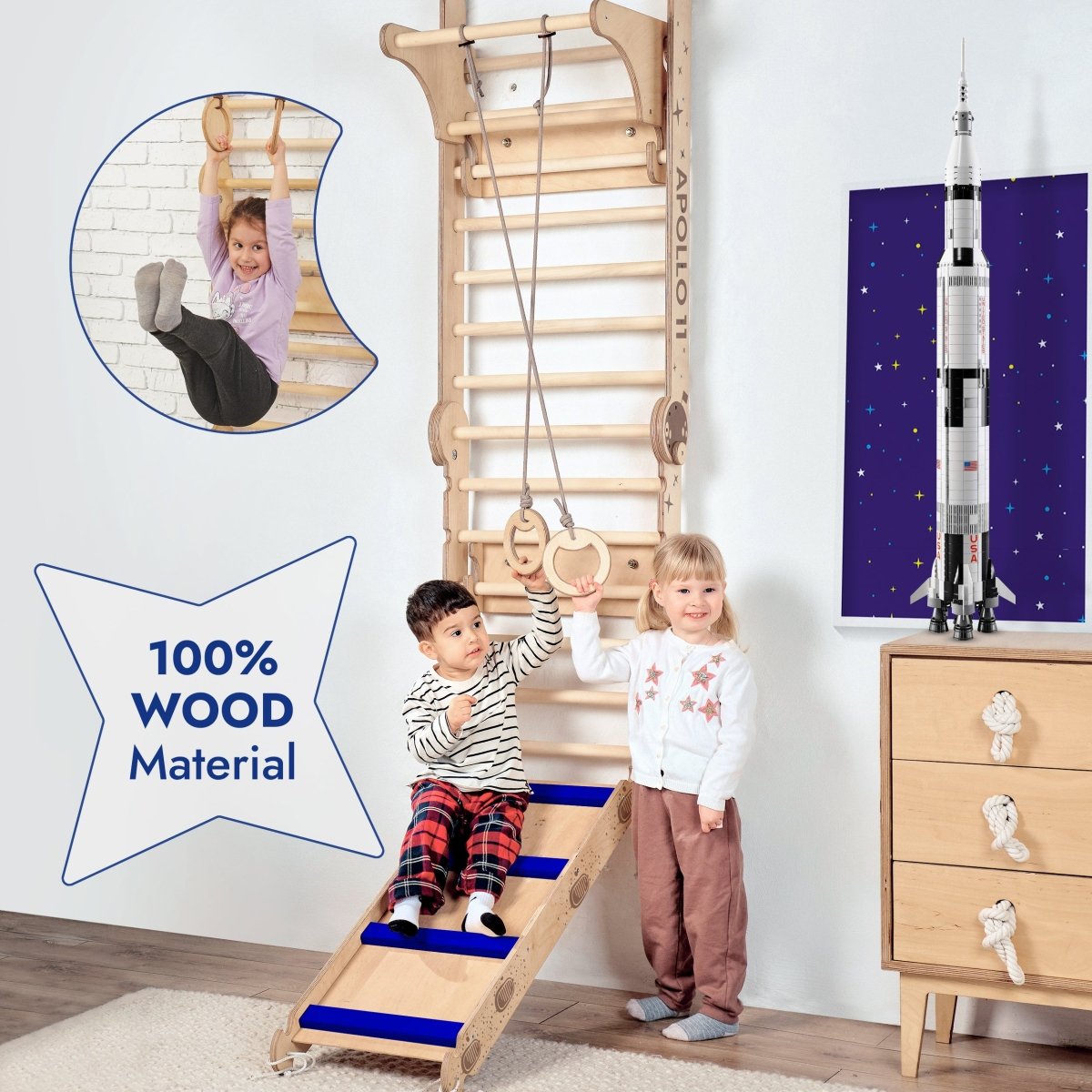 Apollo Swedish Wall / Climbing Ladder For Little Austronauts + Moon Swing Set + Slide Board