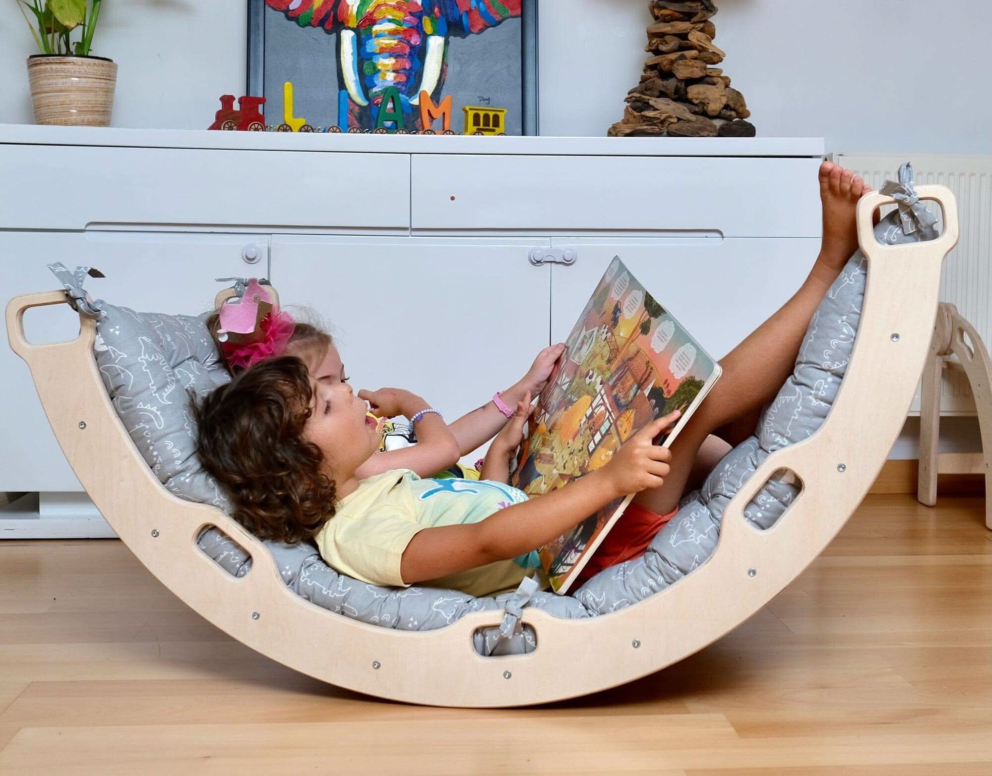 Montessori Arch/rocker With Gray Dinosaur Pattern Pillow Set