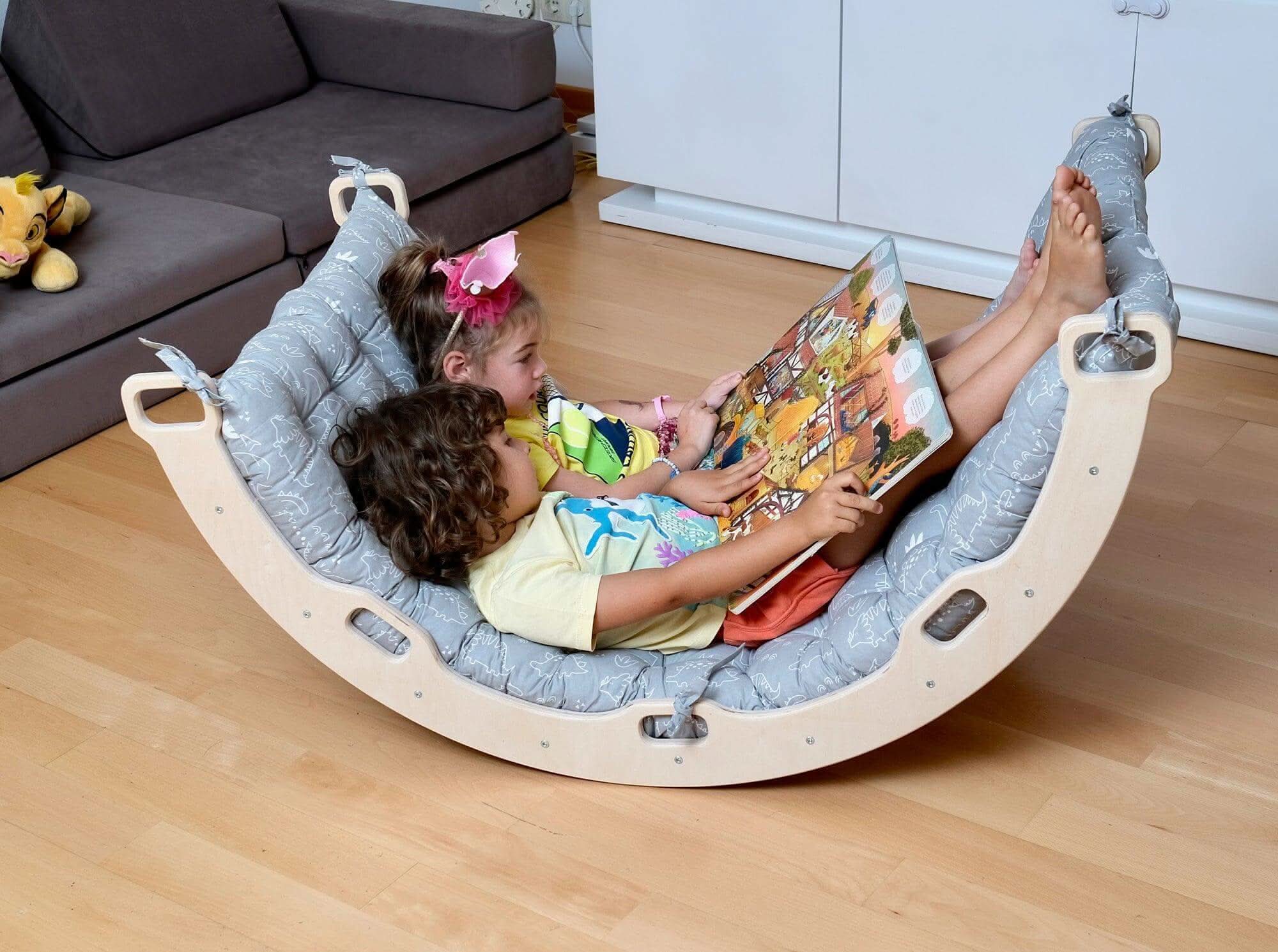 Montessori Arch/rocker With Gray Dinosaur Pattern Pillow Set