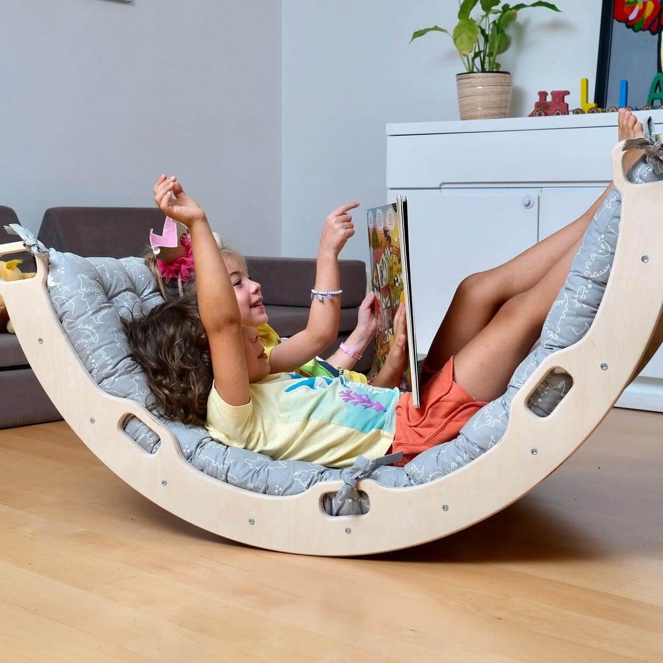 Montessori Arch/rocker With Gray Dinosaur Pattern Pillow Set