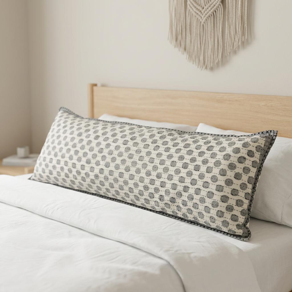 Artisan Hand Loomed Cotton Lumbar Pillow - Gray Dots - 16"x48"