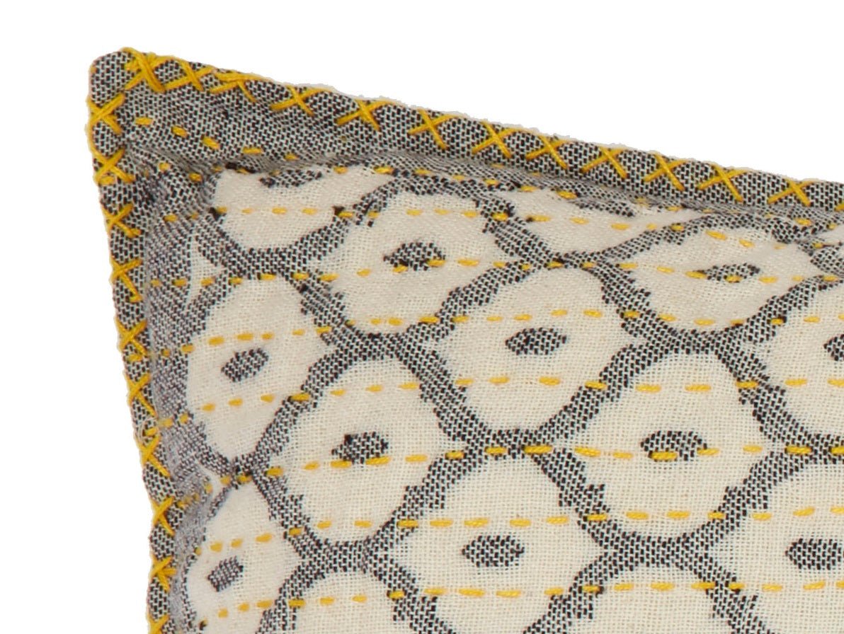 Artisan Hand Loomed Cotton Lumbar Pillow - Gray Yellow Stitching - 16"x48"
