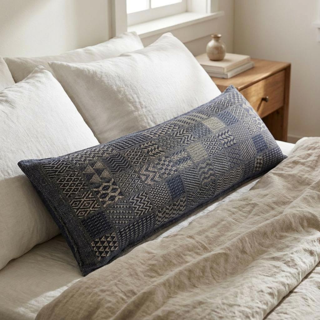 Artisan Hand Loomed Cotton Lumbar Pillow - Indigo Blocks - 16"x48"