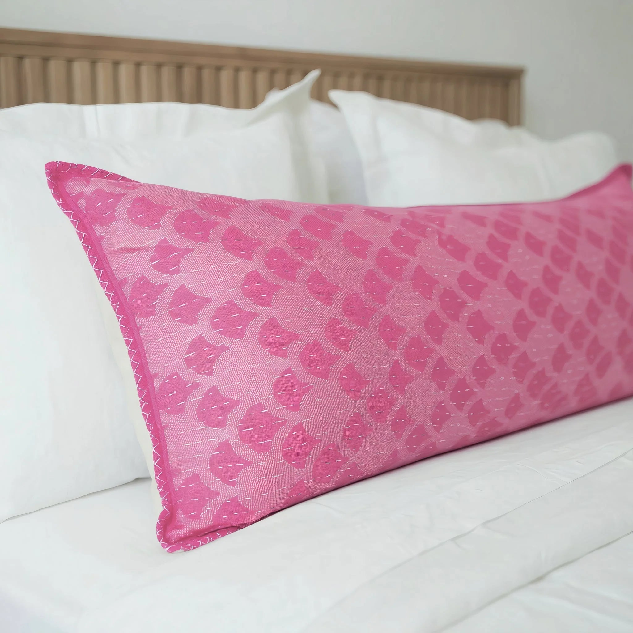 Artisan Hand Loomed Cotton Lumbar Pillow - Pink Ginkgo - 16"x48"