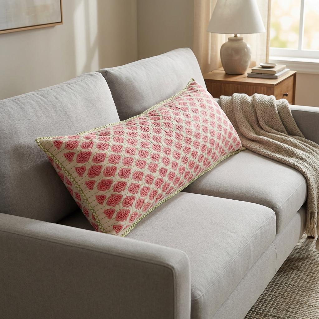 Artisan Hand Loomed Cotton Lumbar Pillow - Red Green Stitching - 16"x48"