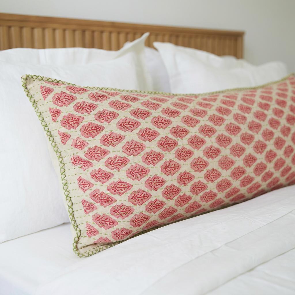 Artisan Hand Loomed Cotton Lumbar Pillow - Red Green Stitching - 16"x48"