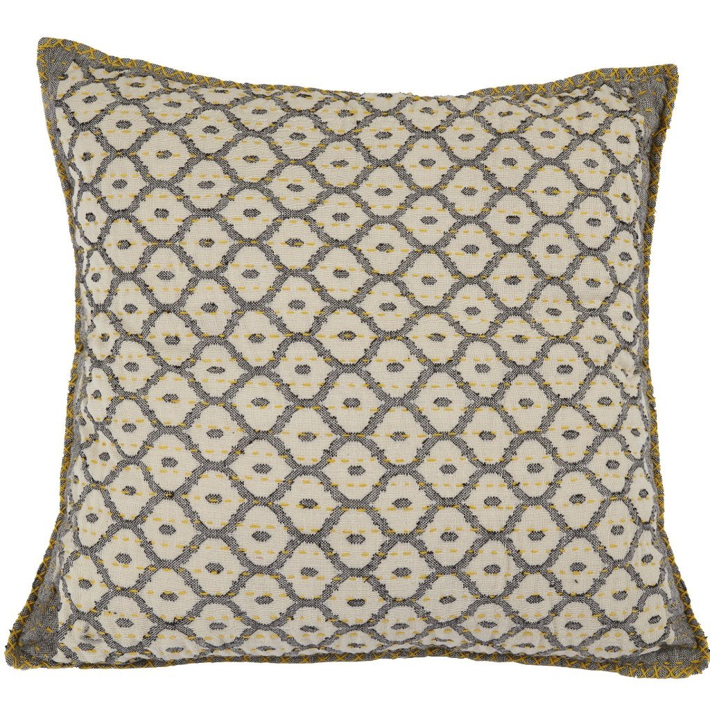Artisan Hand Loomed Cotton Square Pillow - Gray Yellow Stitching - 24"