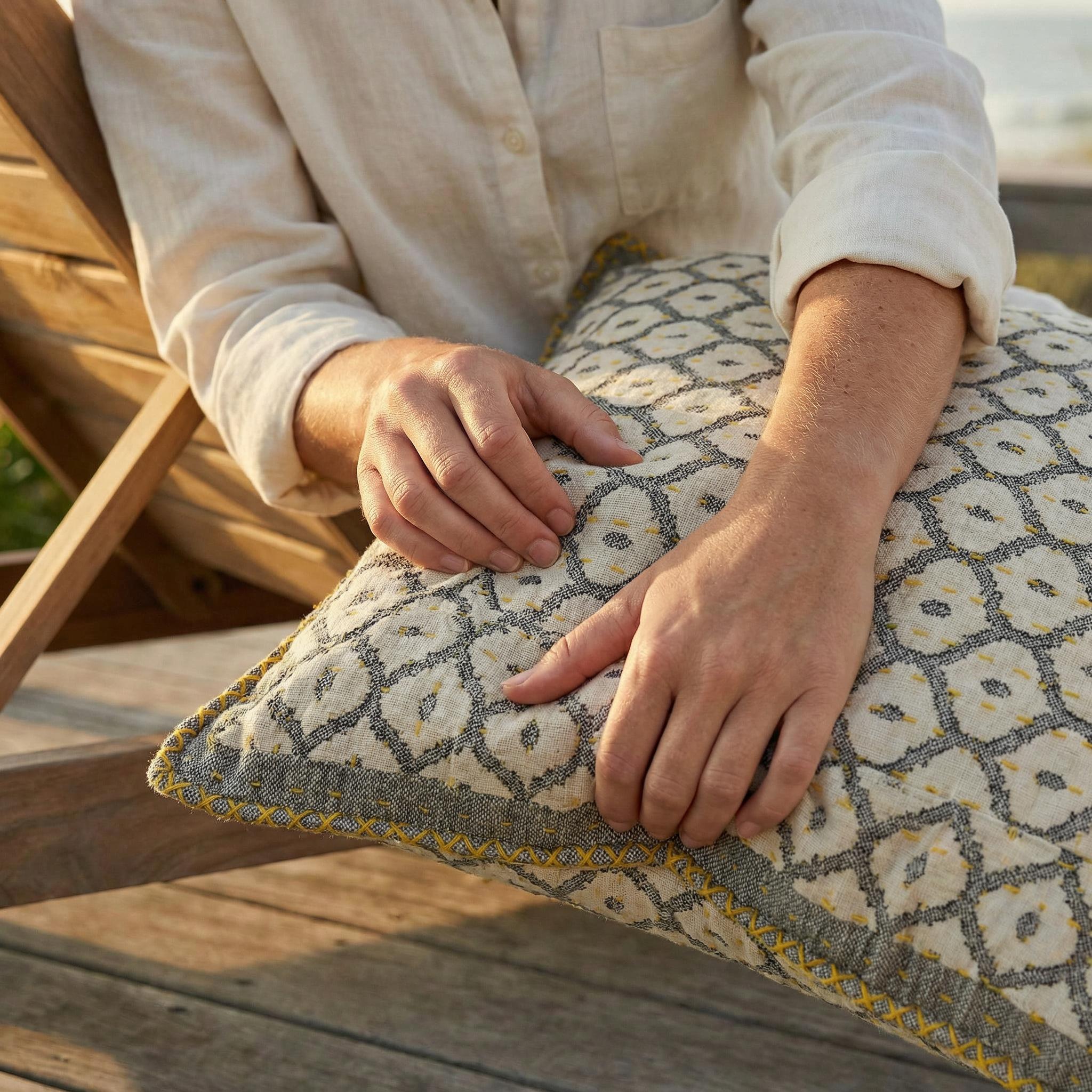 Artisan Hand Loomed Cotton Square Pillow - Gray Yellow Stitching - 24"