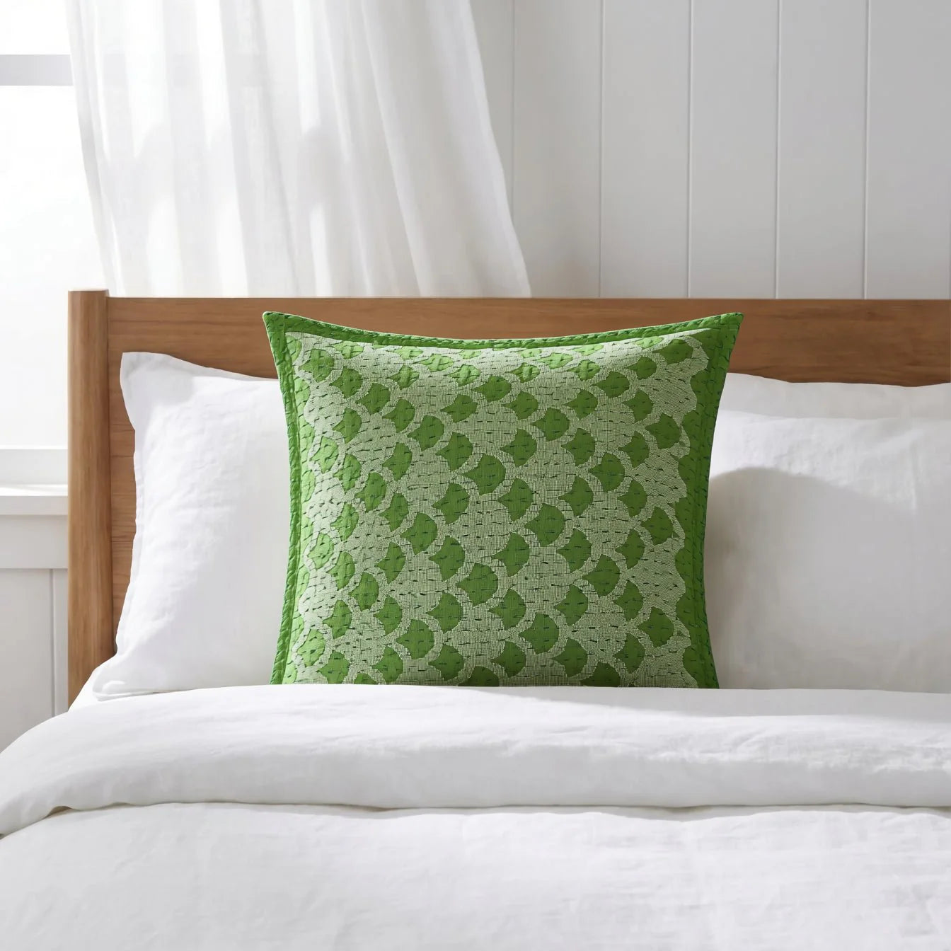 Artisan Hand Loomed Cotton Square Pillow - Green Ginkgo Design - 24"