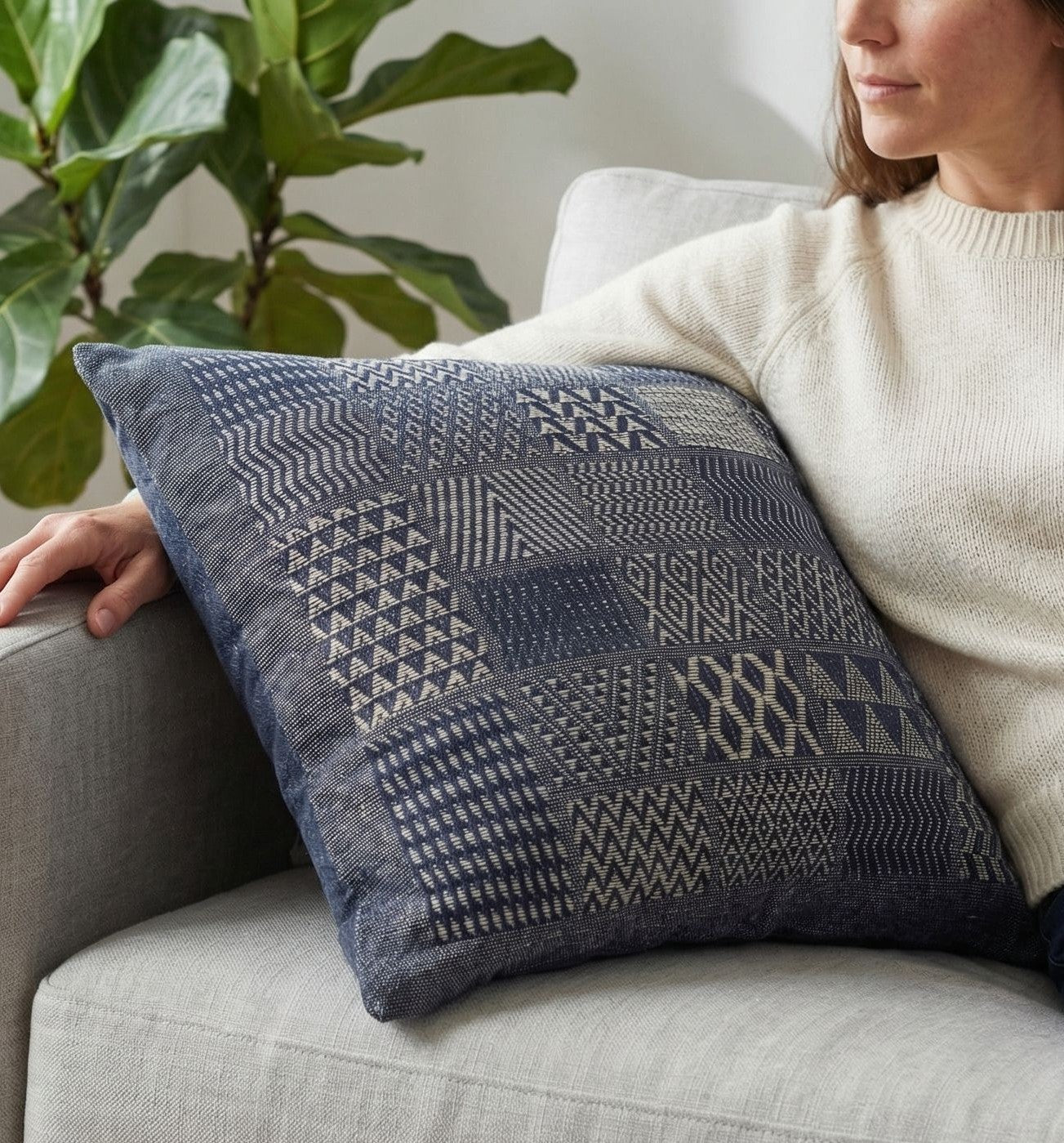Artisan Hand Loomed Cotton Square Pillow - Indigo Blocks - 24"