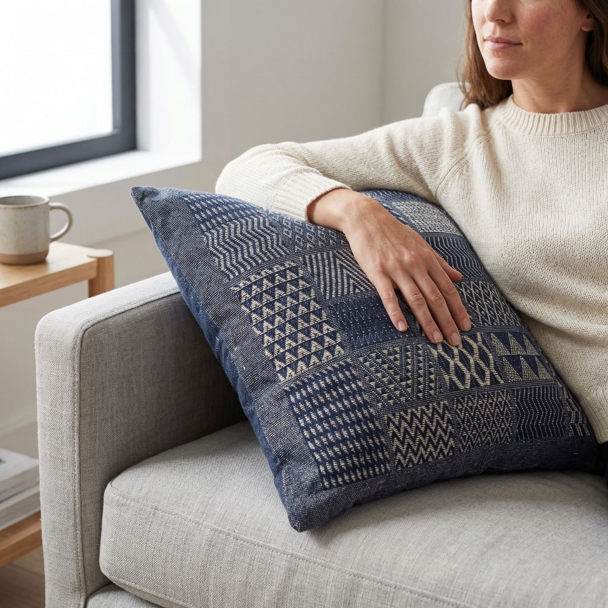 Artisan Hand Loomed Cotton Square Pillow - Indigo Blocks - 24"
