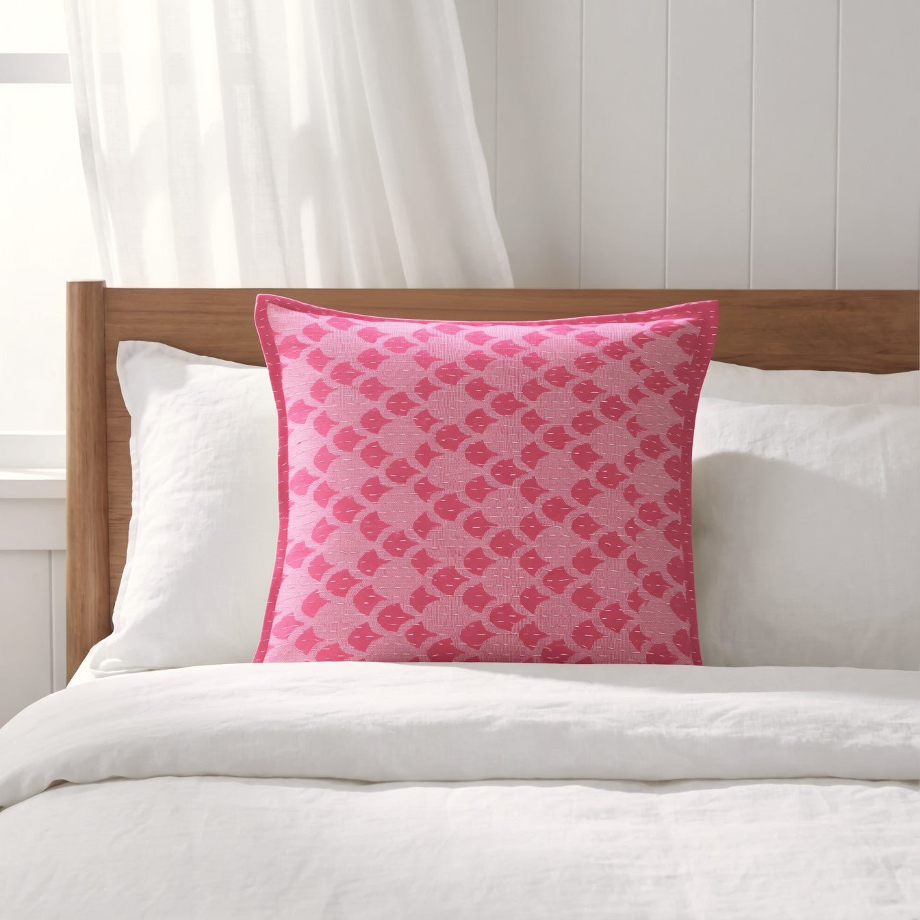 Artisan Hand Loomed Cotton Square Pillow - Pink Ginkgo Design - 24"