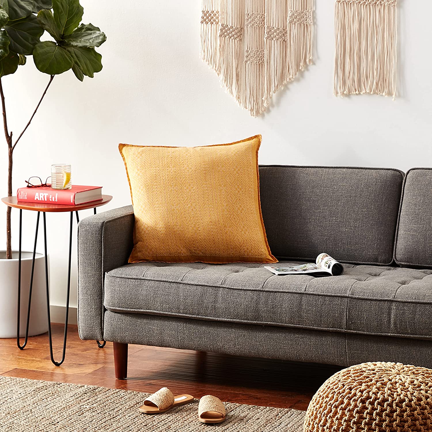 Artisan Hand Loomed Cotton Square Pillow - Yellow Diamond - 24"