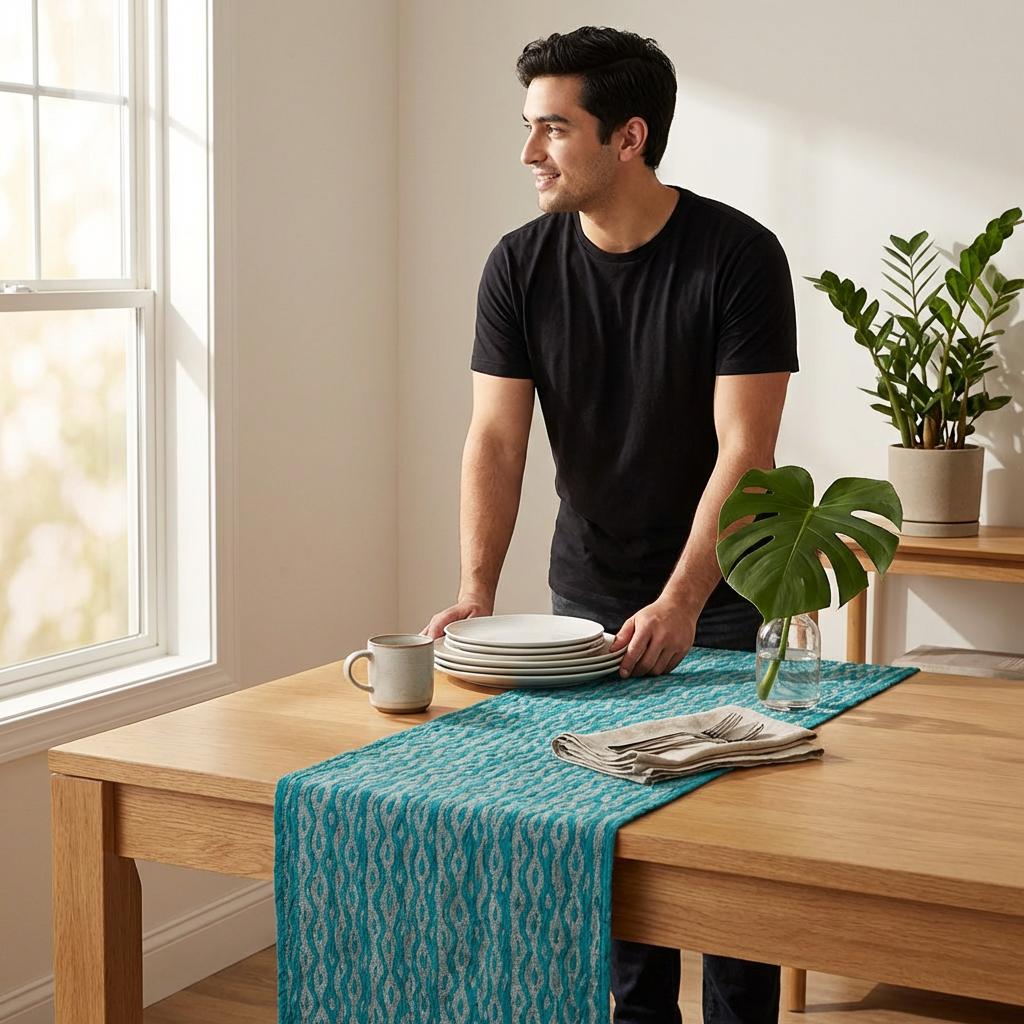 Artisan Hand Loomed Cotton Table Runner - Blue Ocean - 18"x96"