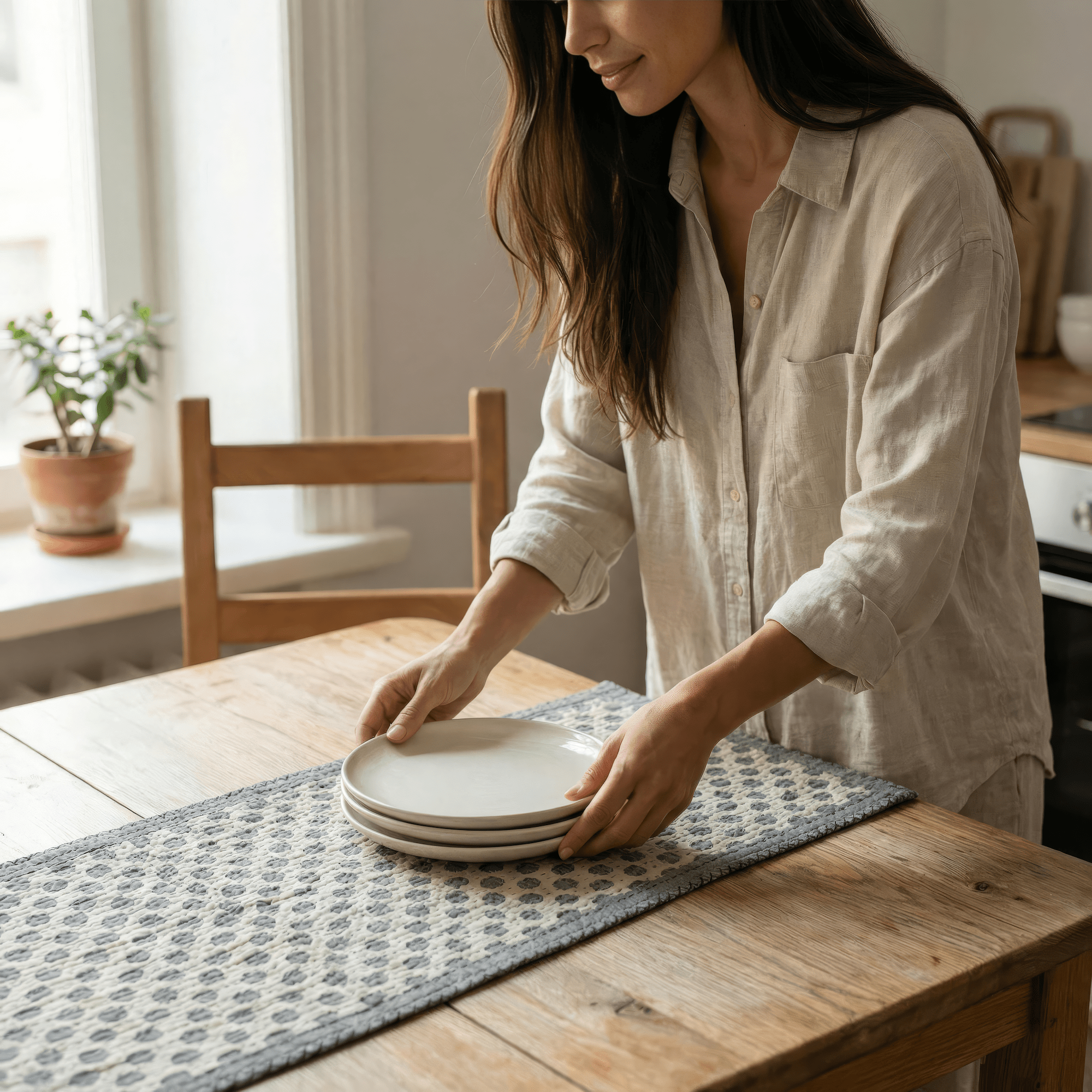 Artisan Hand Loomed Cotton Table Runner - Gray Dots - 18"x96"