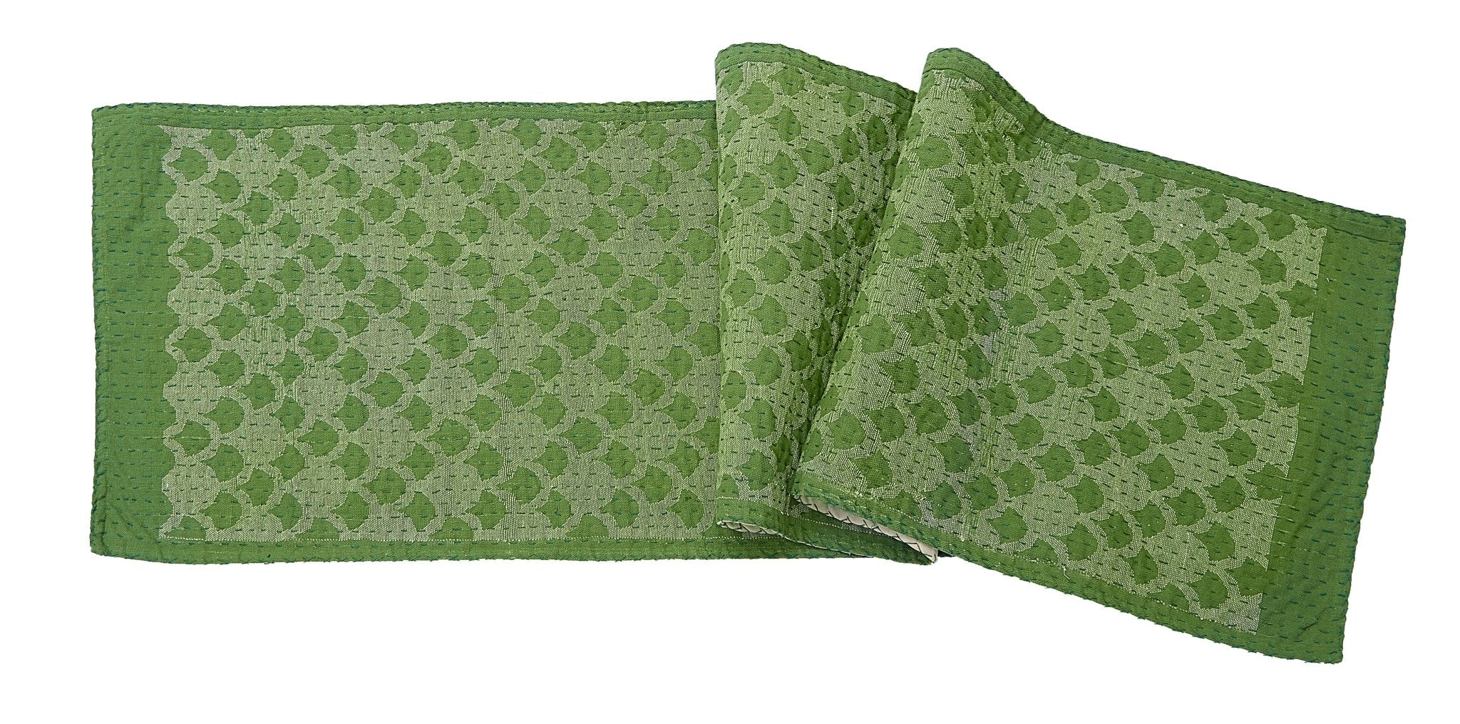 Artisan Hand Loomed Cotton Table Runner - Green Ginkgo - 18"x96"