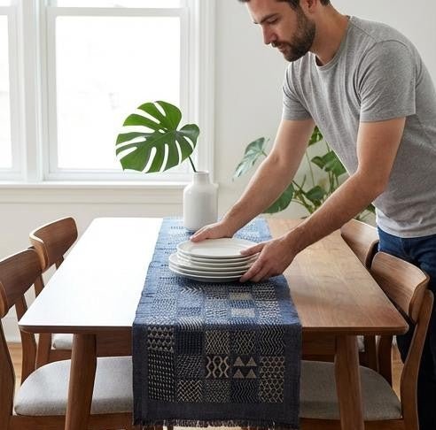 Artisan Hand Loomed Cotton Table Runner - Indigo Blocks - 18"x96"