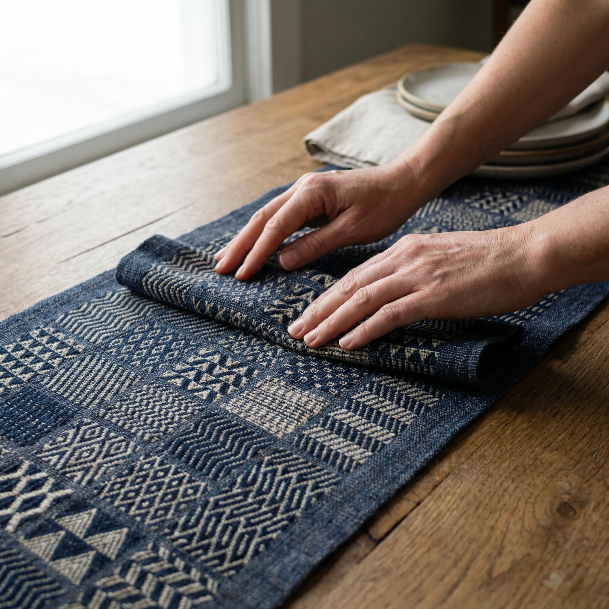 Artisan Hand Loomed Cotton Table Runner - Indigo Blocks - 18"x96"