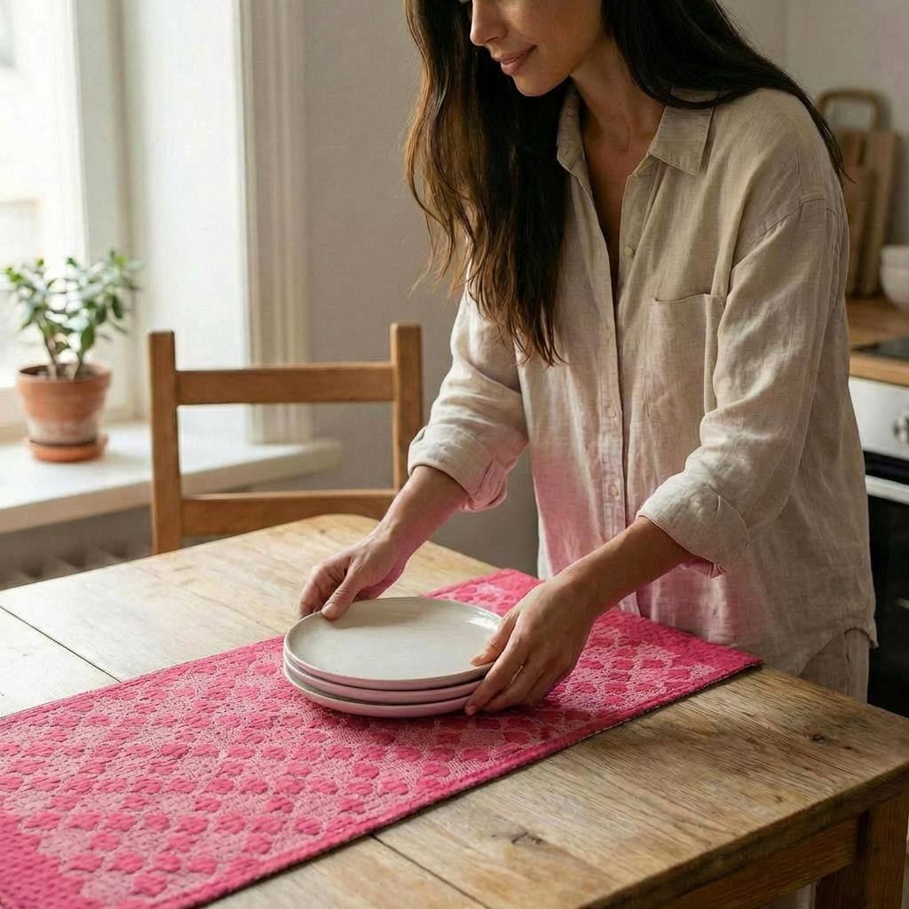 Artisan Hand Loomed Cotton Table Runner - Pink Ginkgo - 18"x96"