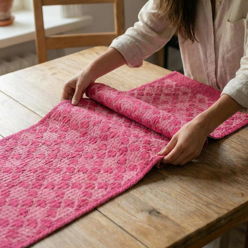 Artisan Hand Loomed Cotton Table Runner - Pink Ginkgo - 18"x96"