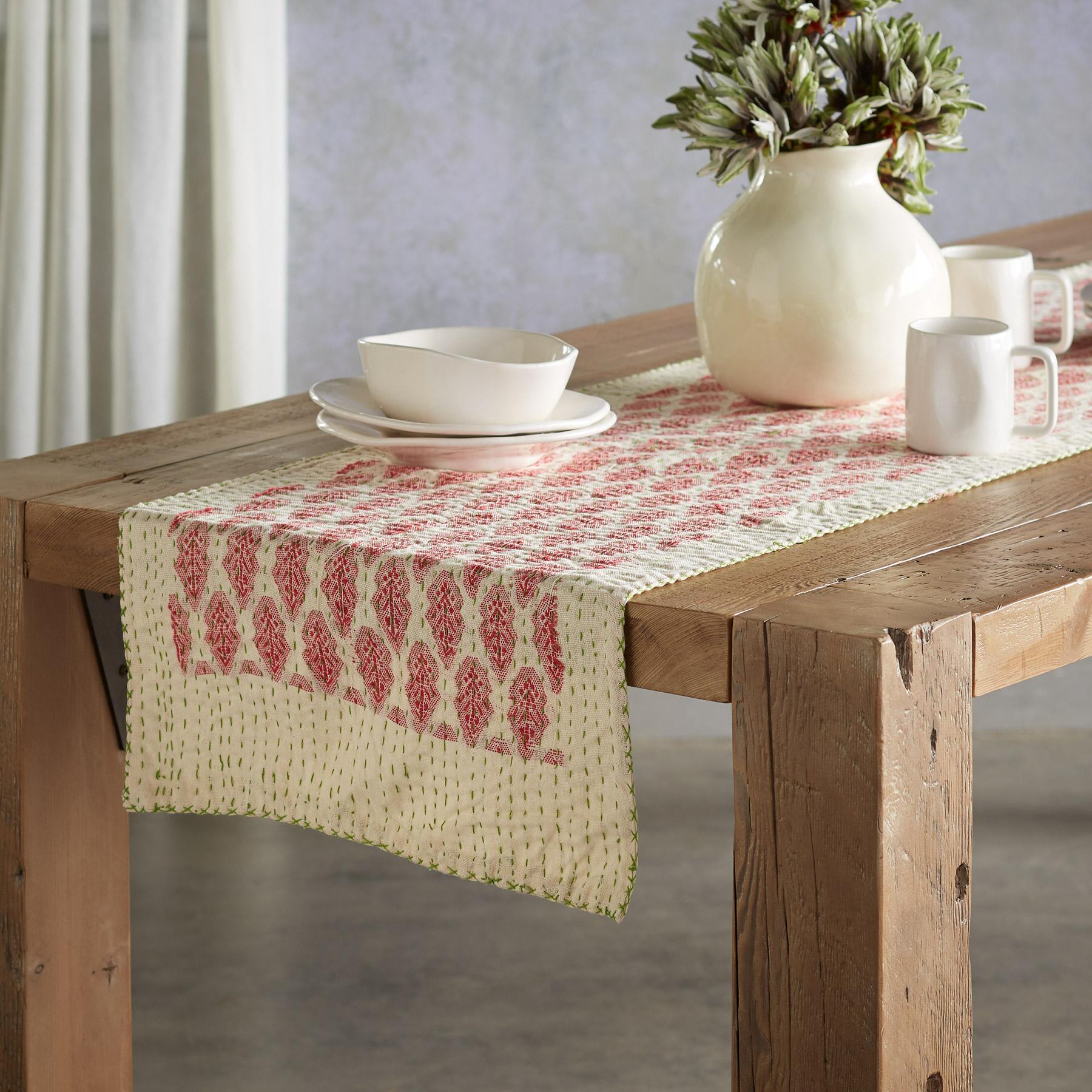 Artisan Hand Loomed Cotton Table Runner - Red Green Stitching - 18"x96"