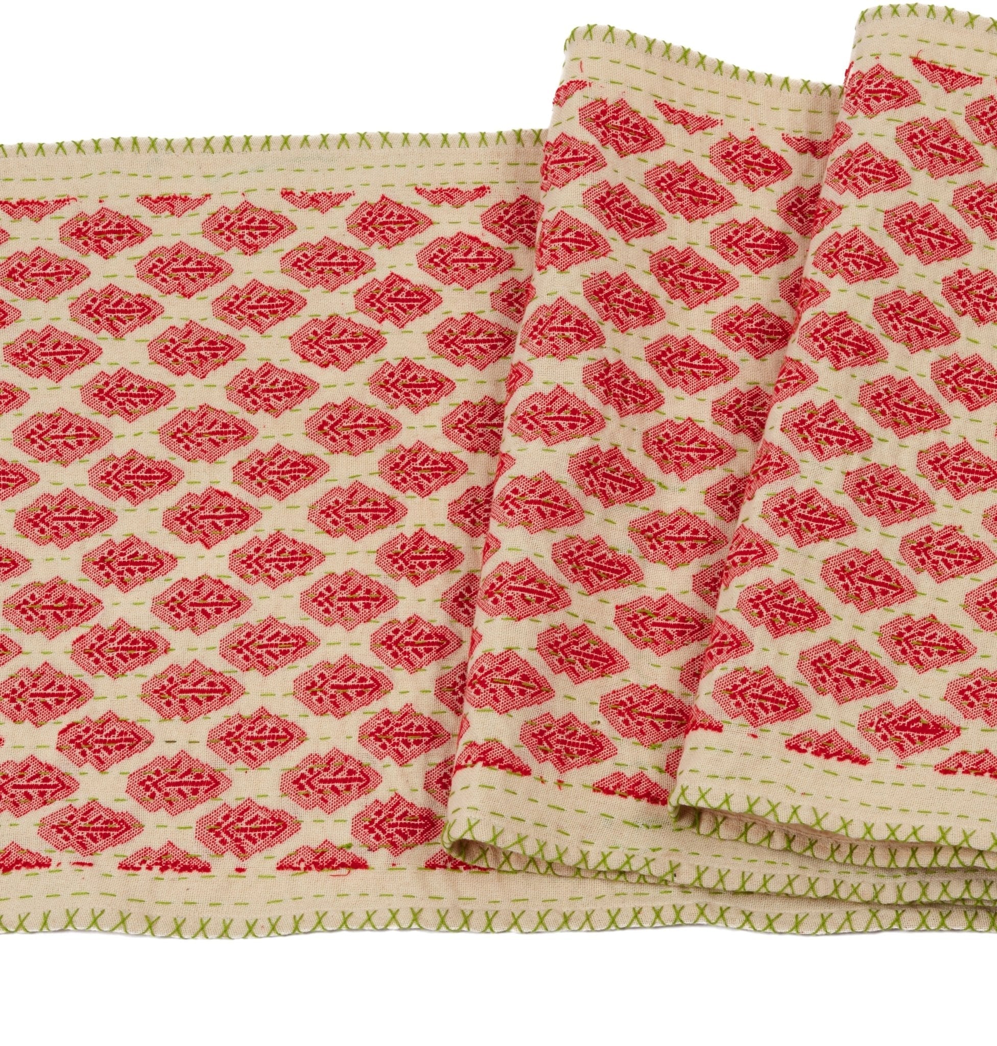 Artisan Hand Loomed Cotton Table Runner - Red Green Stitching - 18"x96"