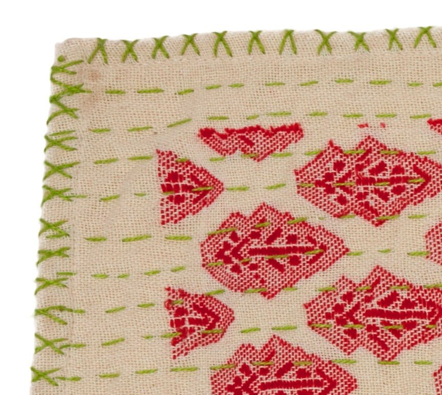 Artisan Hand Loomed Cotton Table Runner - Red Green Stitching - 18"x96"
